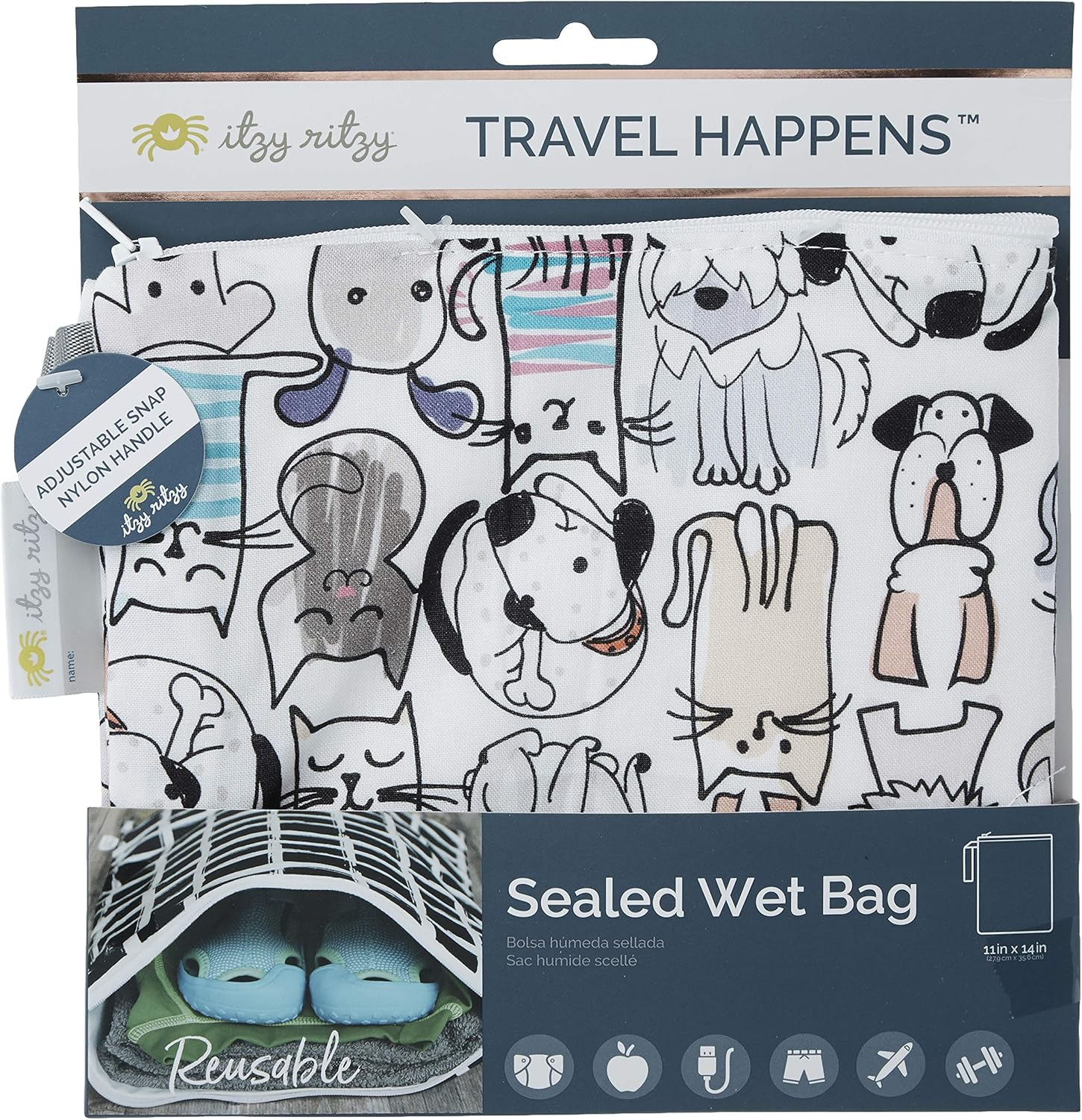 Itzy Ritzy Sealed Wet Bag with Adjustable Handle &ndash; Washable and Reusable Wet Bag with Water Resistant Lining Ideal for Swimwear, Diapers, Gym Clothes & Toiletries; Measures 11&rdquo; X 14&rdquo;, Cats & Dogs image number 4