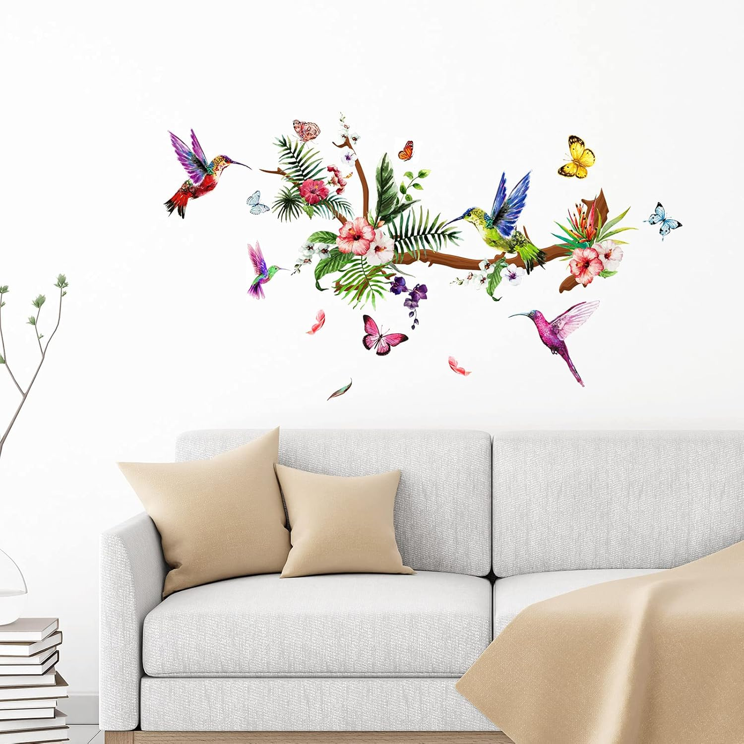 Zonon Hummingbirds Wall Decals Peel and Stick Birds Vinyl Wall Stickers Butterfly Flowers Colorful Hummingbird on the Tree Branch Flower Decals Garden Living Room Bedroom TV Decorations image number 3