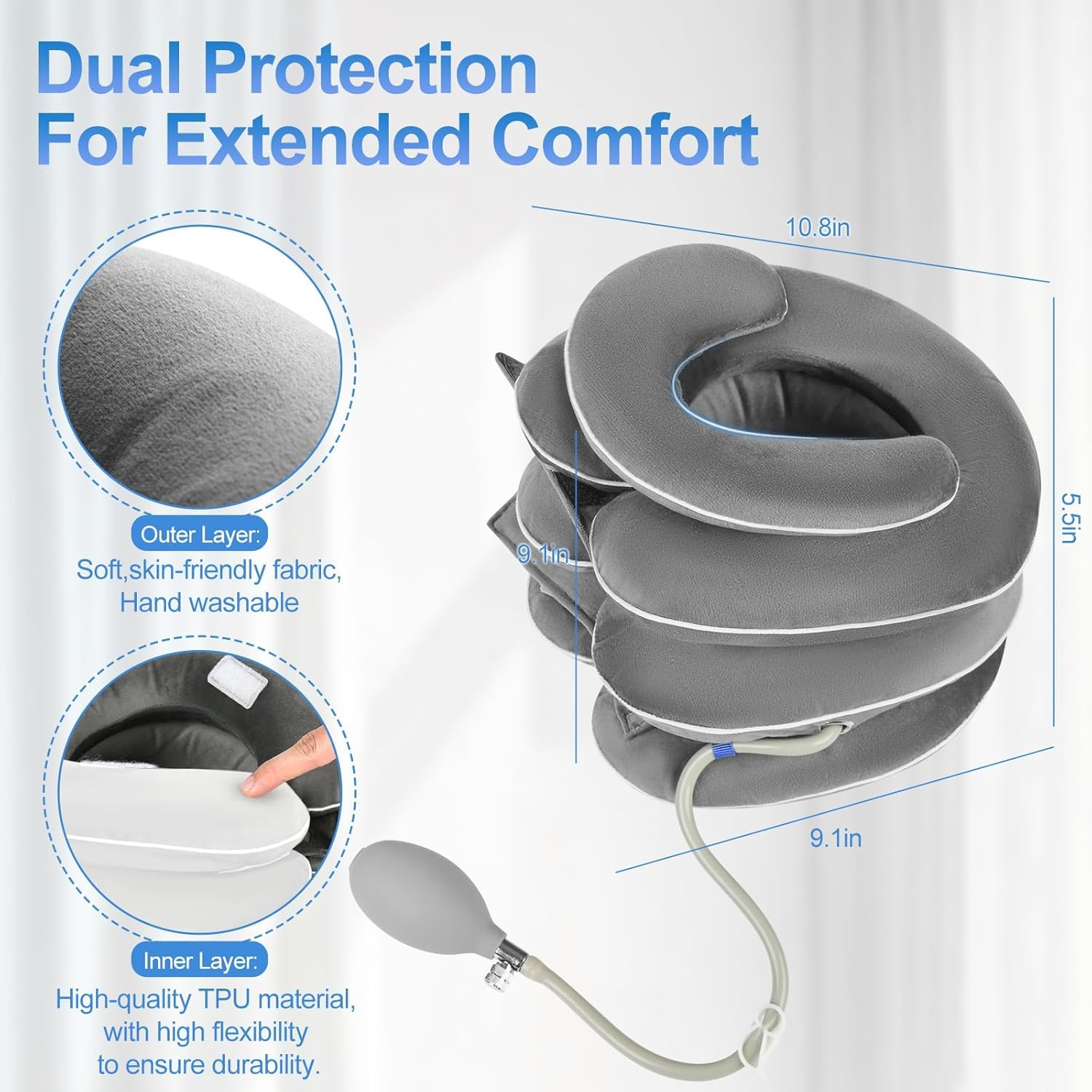 RAFSUN Inflatable Neck Stretcher with Brace - Adjustable Cervical Traction Device for Neck Pain Relief, 3-Layer Decompression Pillow, Washable & Breathable, for Men & Women, Grey image number 3
