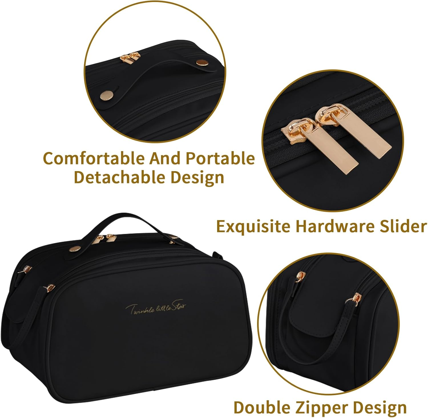 Ogetok Leather Makeup Bag for Women, Portable Travel Cosmetic Bags Zipper Make up Pouch for Ladies Woman, Large Toiletry Organizer Bag for Toiletries Cosmetics Accessories, Black image number 4