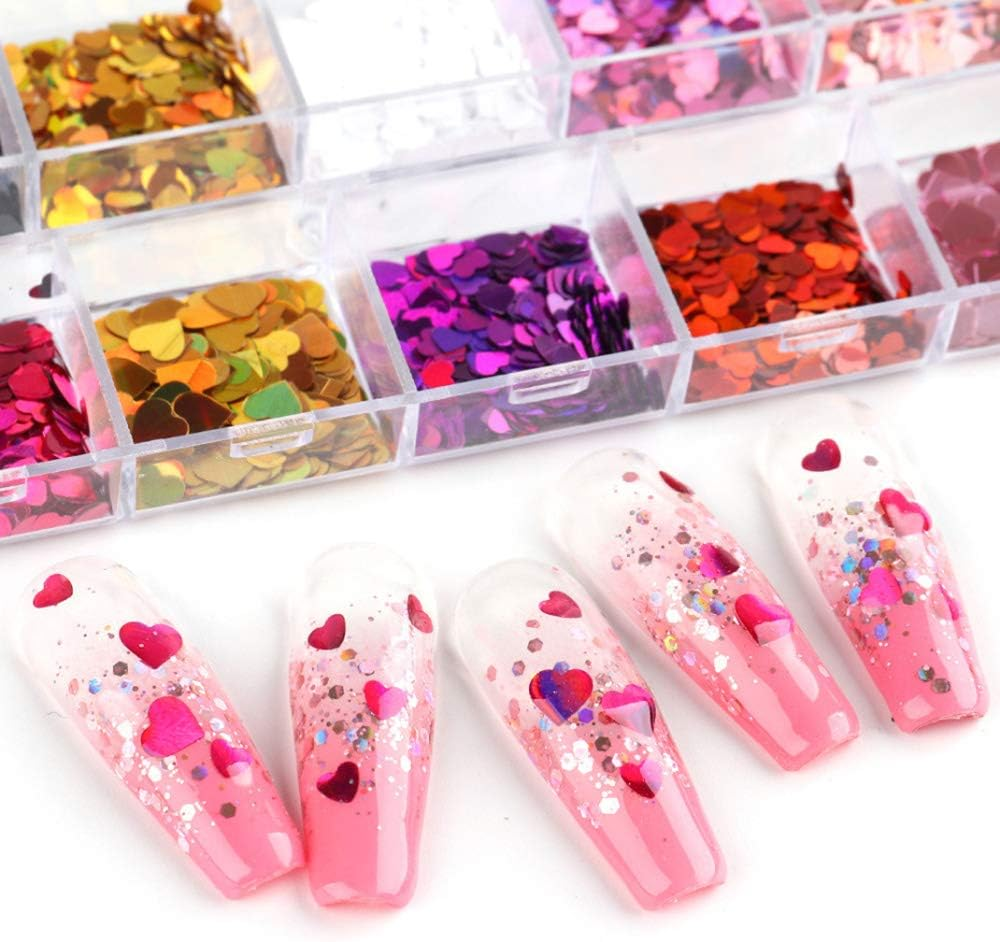 Macute Heart Nail Glitter Sequins Set of 24 Colors Holographic Heart Nail Confetti 3D Laser Heart Shape Nail Decals Flakes Ultra-Thin Nail Accessory Glitters Heart for Nail Art Decor Valentine&rsquo;S Day image number 5