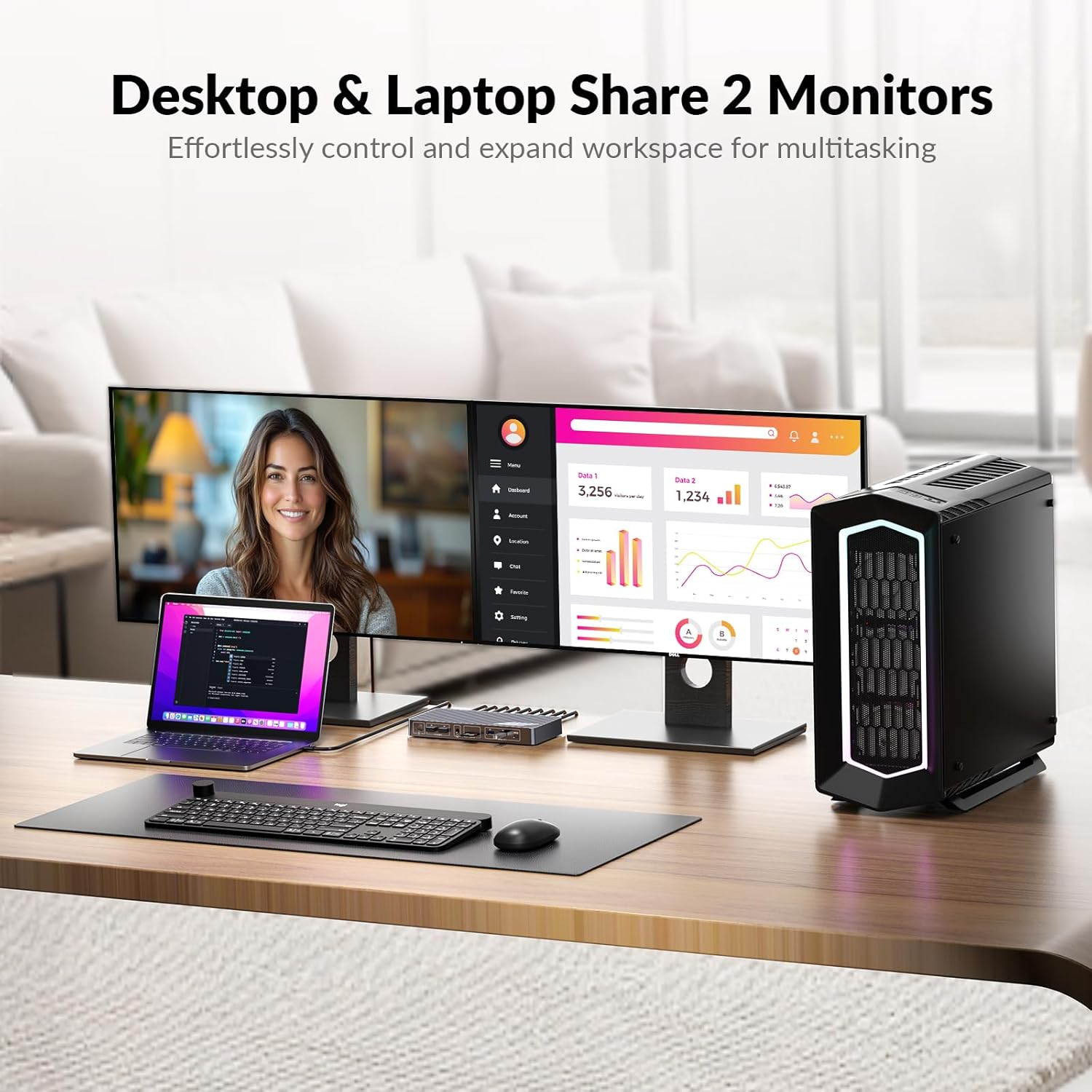 AV Access 8K KVM Switch 2 Monitors 2 Computers for Laptop & Desktop, 100W USB-C Charge for Laptop, Ethernet, Docking Station Dual Monitor 8K@60Hz/4K@165Hz, 4Xusb 3.2, Audio, SD, Wired Remote Control image number 4