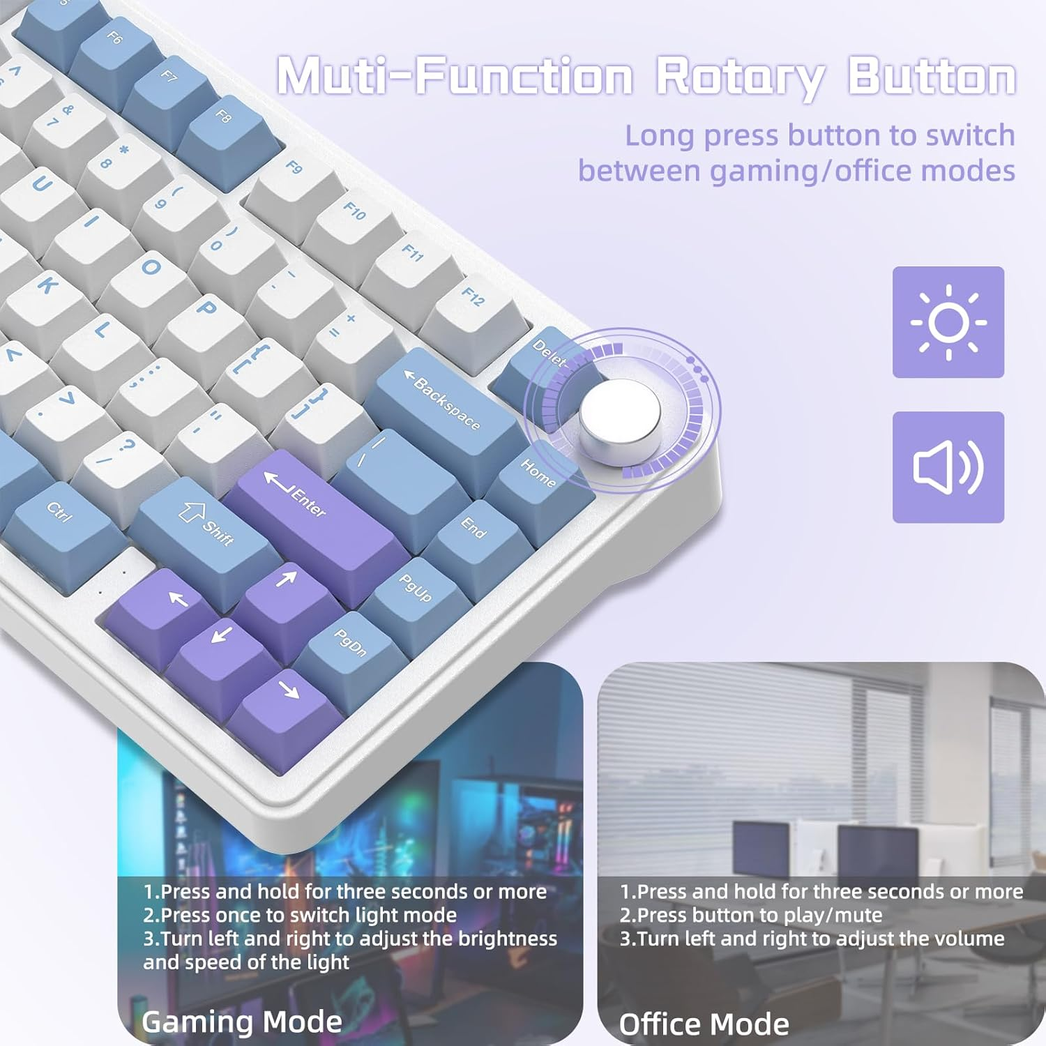 ATTACK SHARK X85 Gasket Mechanical Keyboard with Knob,75% Tri-Mode(Bt5.0/2.4G/Usb-C) Wireless Gaming Keyboard &Five-Layer Padding, Rgb,5000Mah,Hot-Swappable, PBT Keycaps for Win/Mac(Blue White) image number 6