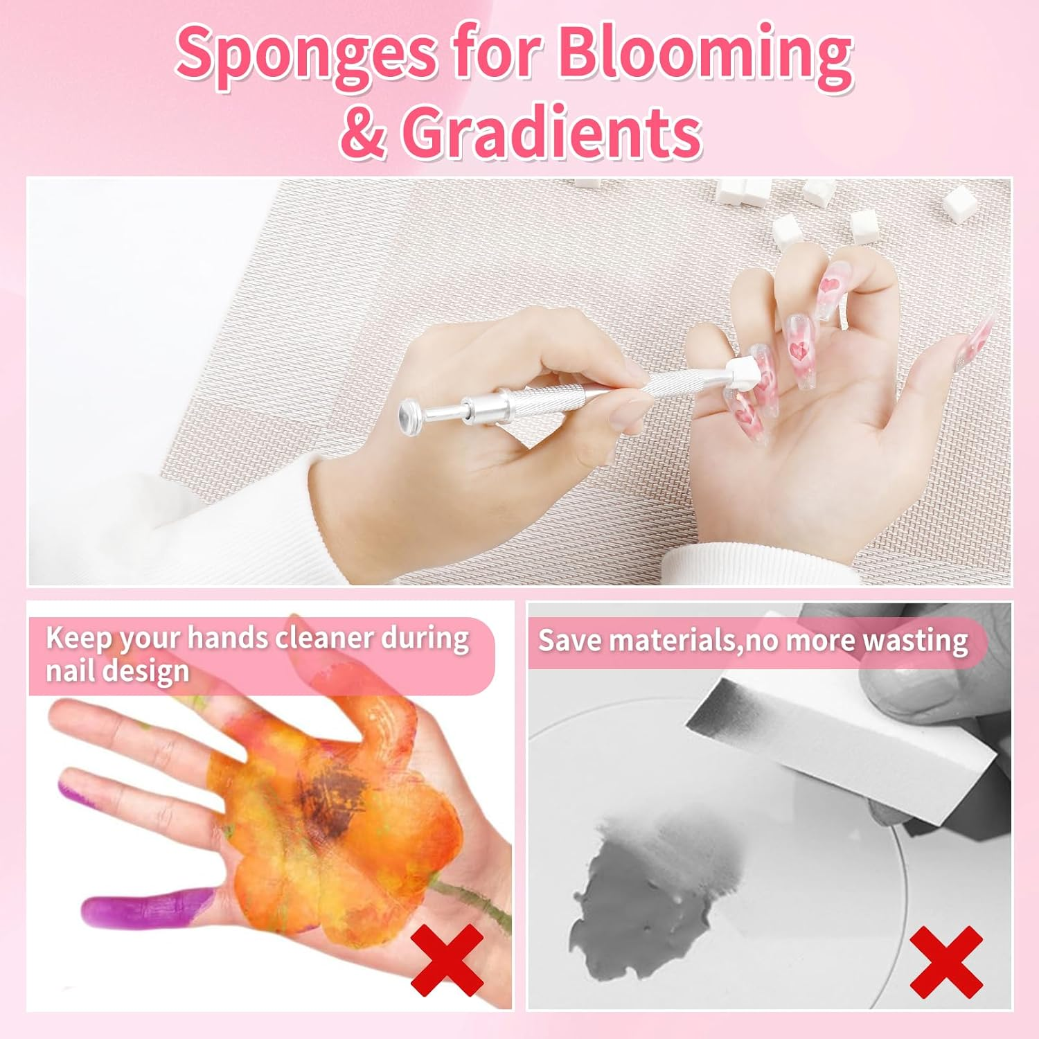 BQAN Nail Sponges for Ombre, 100Pcs 0.39" Nail Art Sponge with Gripper Pen for Nail Art Manicure Nail Art Tools for Nail Tech and Beginner (Silver) image number 2