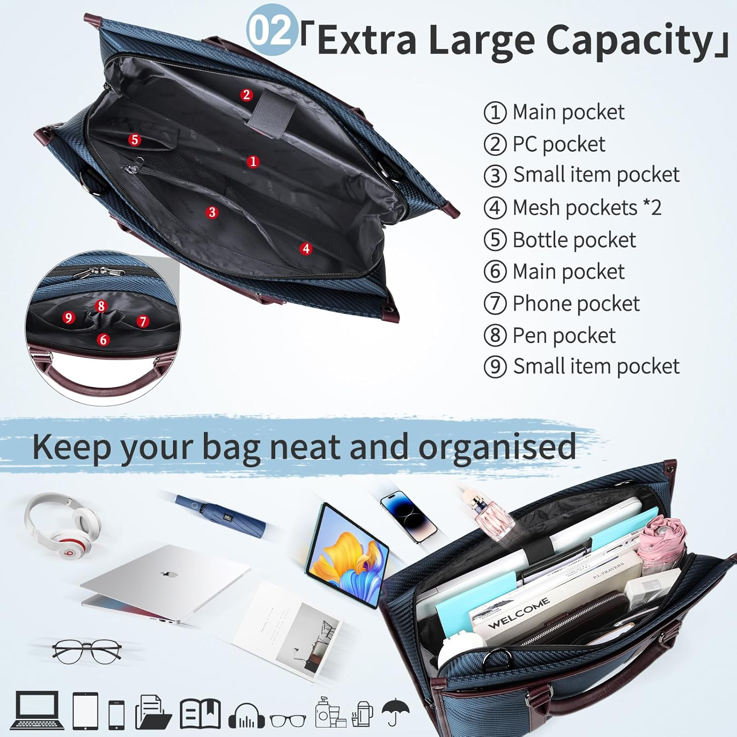 NEWHEY Laptop Bag 15.6 Inch Crossbody Bag for Man Waterproof Messenger Bag PU Leather Computer Bag Retro College Satchel Bag for Work,Business,Travel Black Navy - Blue image number 5