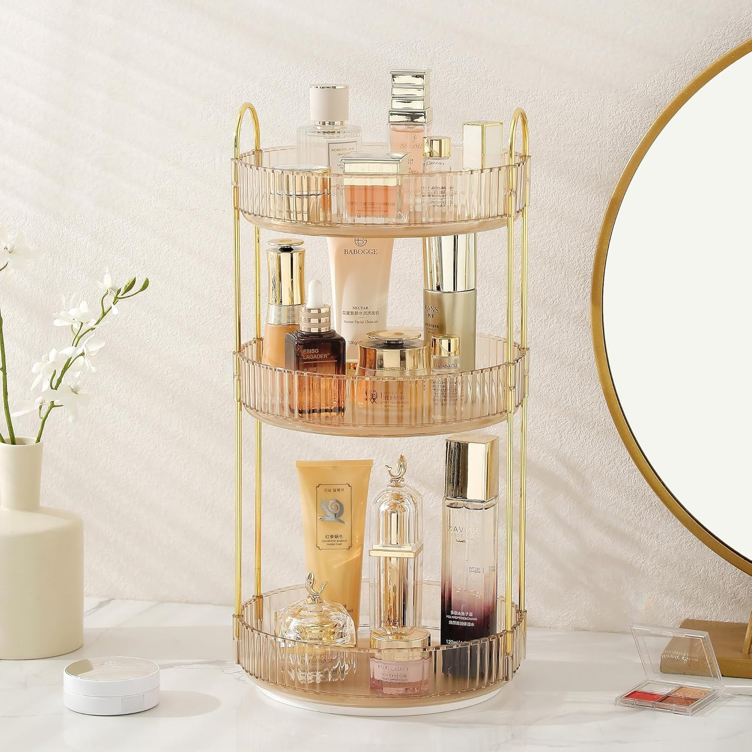 METOY Rotating Makeup Organizer for Vanity, Perfume Skincare Organizers Make up Storage for Bathroom Counter, Clear Spinning Cosmetic Lipstick Toiletry Organizer Holder (Pearl White, 2 Tier) image number 7