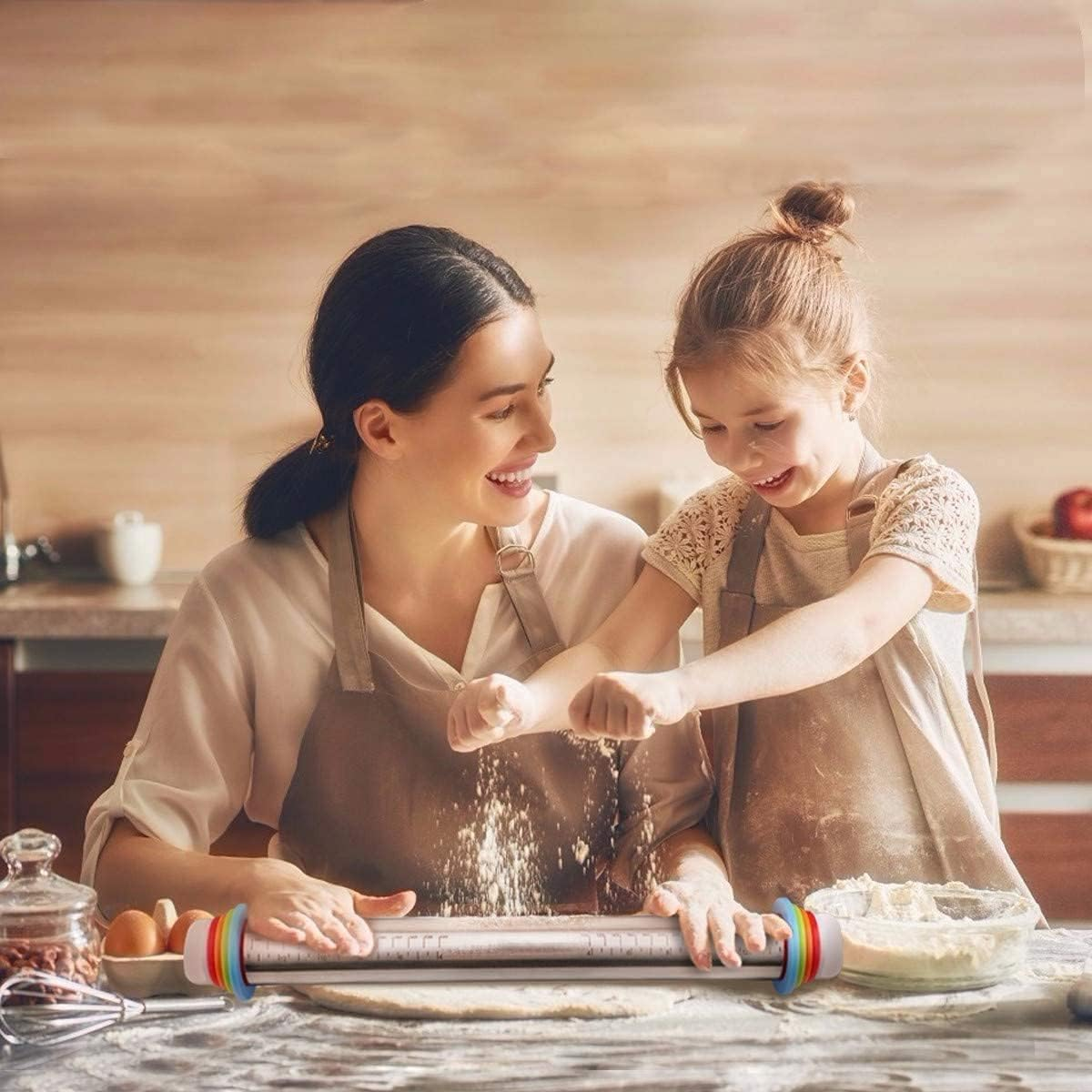 Rolling Pin and Baking Mat Set, Adjustable Stainless Steel Rolling Pins Dough Roller Cake Leveler with 4 Removable Adjustable Thickness Rings for Baking Dough Pizza Pie Pasta Fondant and Cookies image number 6