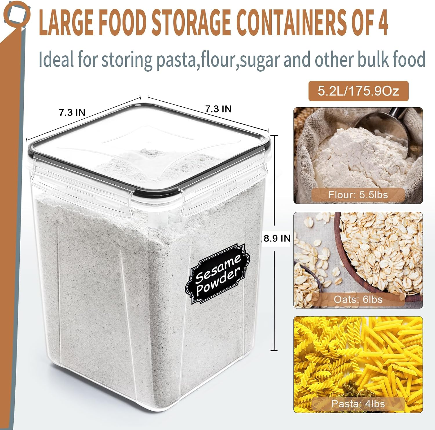 PRAKI Large Airtight Food Storage Containers 5.2L / 195Oz, BPA Free, 4Pcs Pantry Kitchen Organizers and Storage for Flour, Sugar, Baking Supplies, Plastic Flour Container with 20 Labels & Maker image number 2