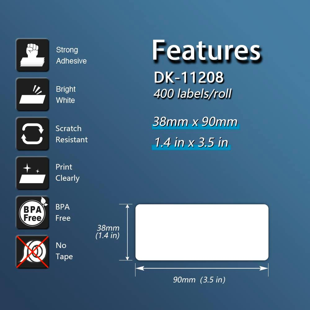 BETCKEY - Large Address Labels Replacement for Brother DK-11208 (38Mm X 90Mm), Compatible with Brother QL Label Printers [10 Rolls/4000 Labels] image number 3
