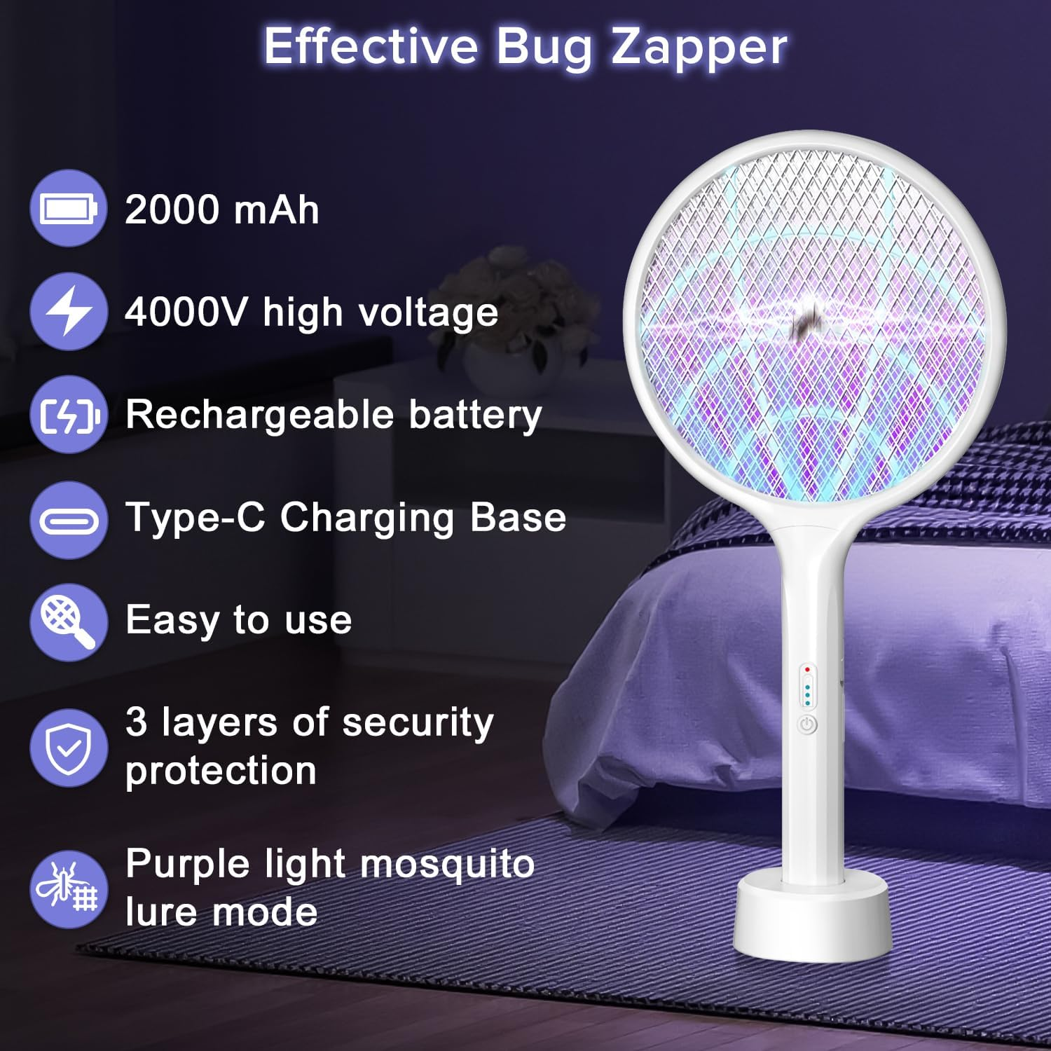 2000Mah Electric Fly Swatter, Yakiter 4000V Bug Zapper Racket with USB Rechargeable Base, 3-Layer Safety Mesh, 2-In-1 Powerful Mosquitoes Killer Lamp & Fly Killer for Indoor Outdoor (White)
