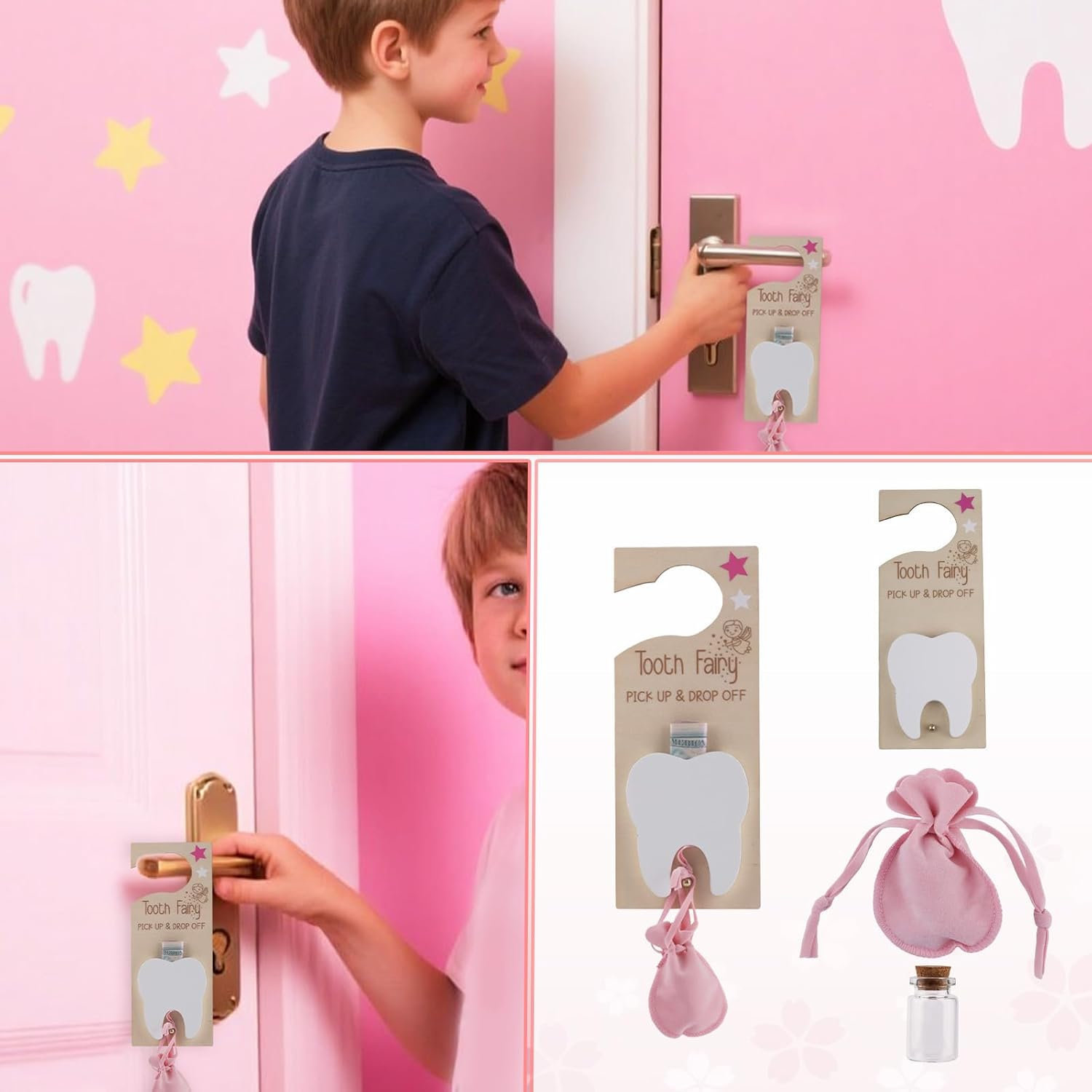 2 Set Tooth Fairy Door Hanger with Slot, Wooden Tooth Door Holder with Bag & Glass Bottle for Kids Room Decor Encourage Gift (Pink & Blue) image number 6