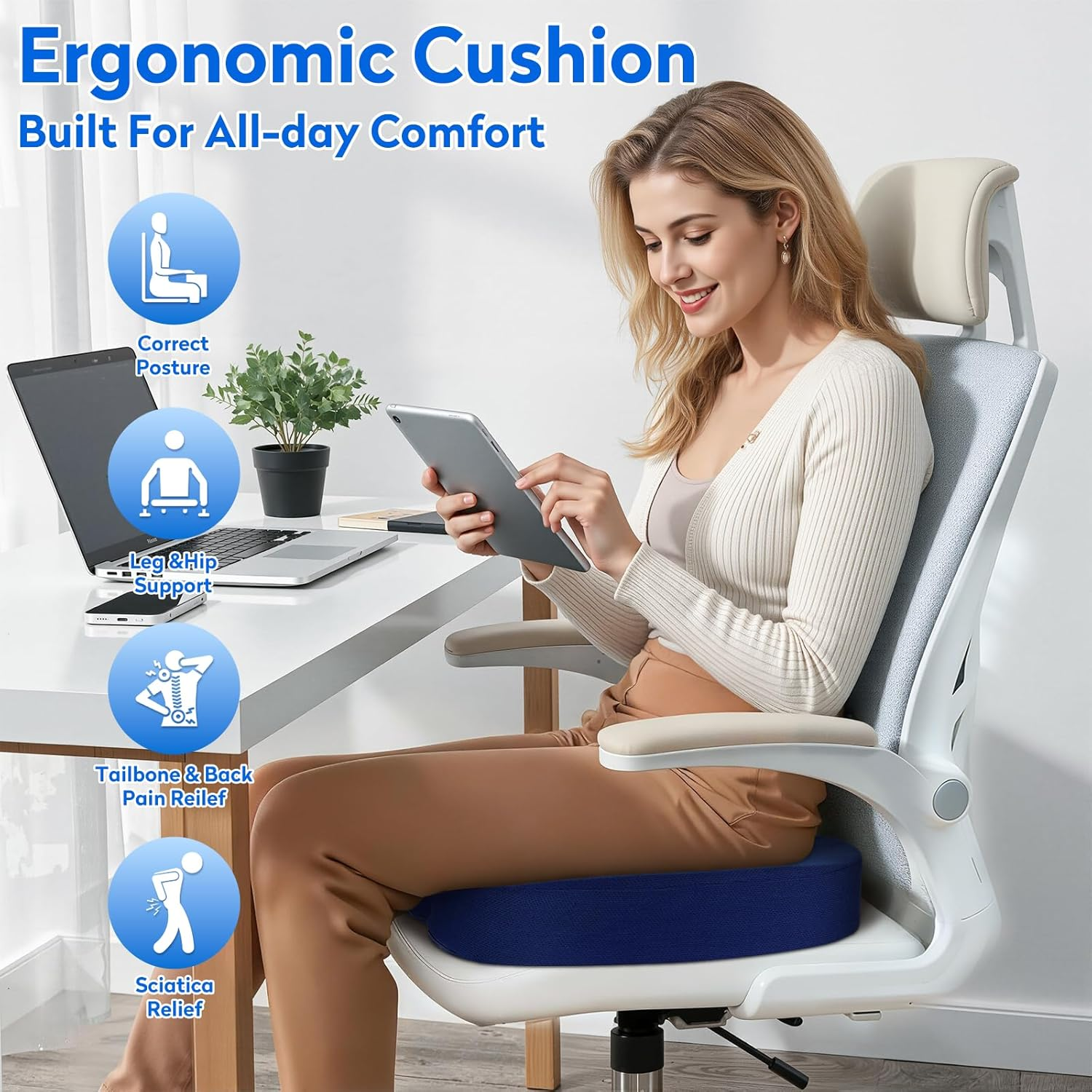 Seat Cushion, Office Chair Cushions, Car Seat Cushion, Non-Slip Sciatica & Back Coccyx Pain Relief Chair Pad, Memory Foam Pillow for Computer Desk, Wheelchair, Driving Large Size (Blue) image number 2