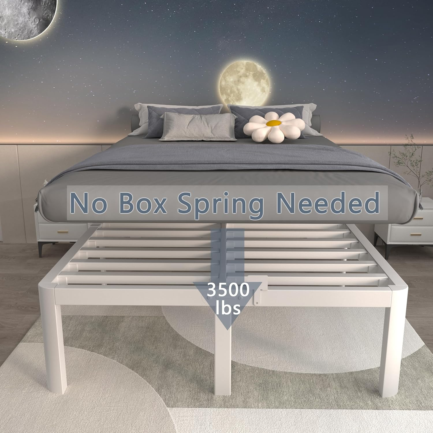 ITIMIDI 16 Inch Bed Frame Queen Size with Metal Gaskets, Heavy Duty Queen Platform Bed Frame No Box Spring Needed, DIY Headboard, Anti-Slip Mattress Stopper, round Corner Leg, Easy Assembly, White image number 3