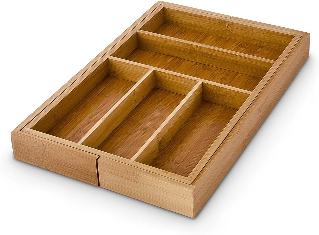 Relaxdays Adjustable Cutlery Tray H X W X D: Approx. 5 X 48 X 46 Cm Bamboo Drawer Insert with 5 to 7 Compartments as Cutlery Insert and Kitchen Organiser Large Cutlery Insert for Drawer Natural image number 3