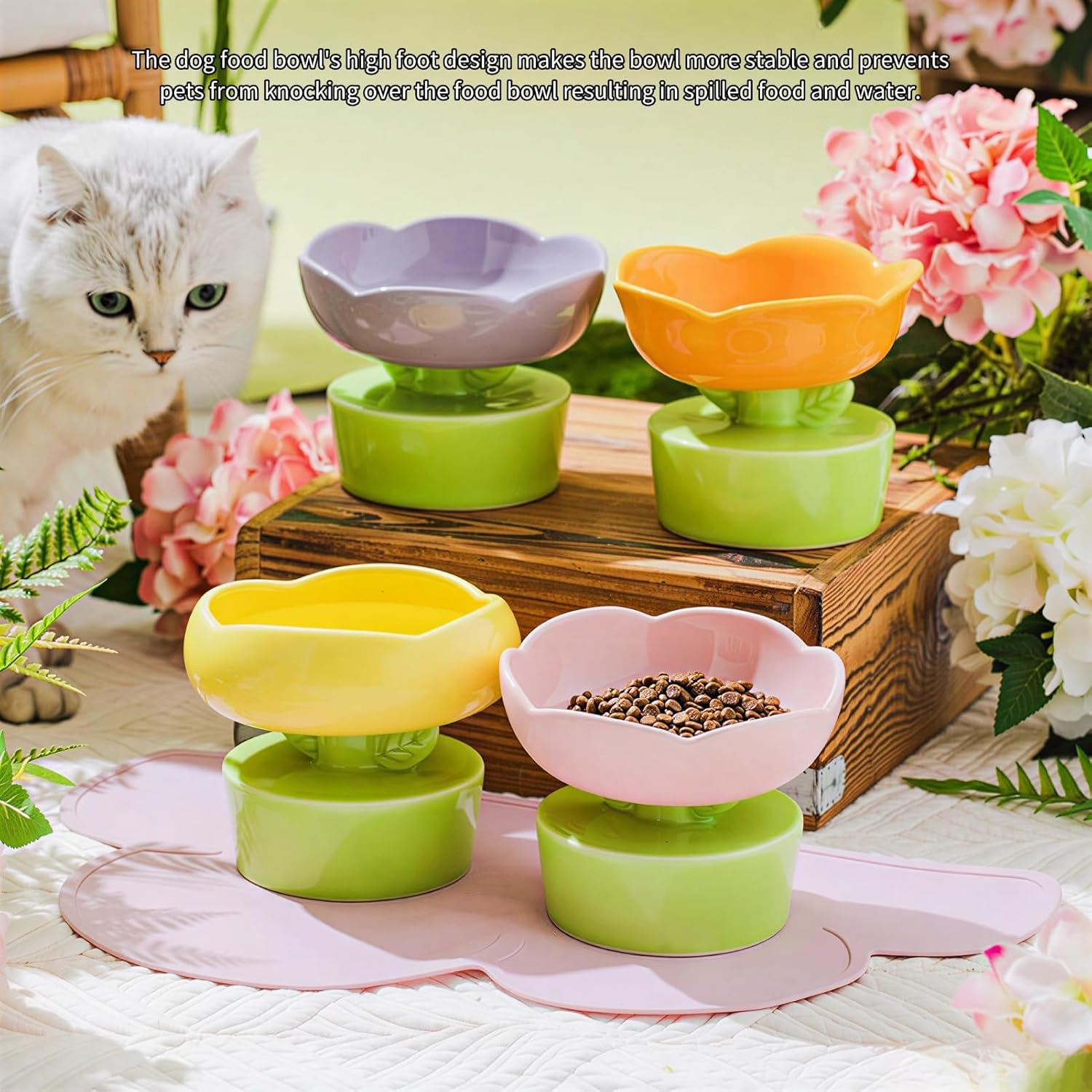 Ceramic Cat Food Bowl Cute Flower Shape Large Capacity, Neck Spine Protection Raised Pet Food Bowl for Cats Dogs Pets, Elevated Cat Ceramic Bowl (Orange) image number 4