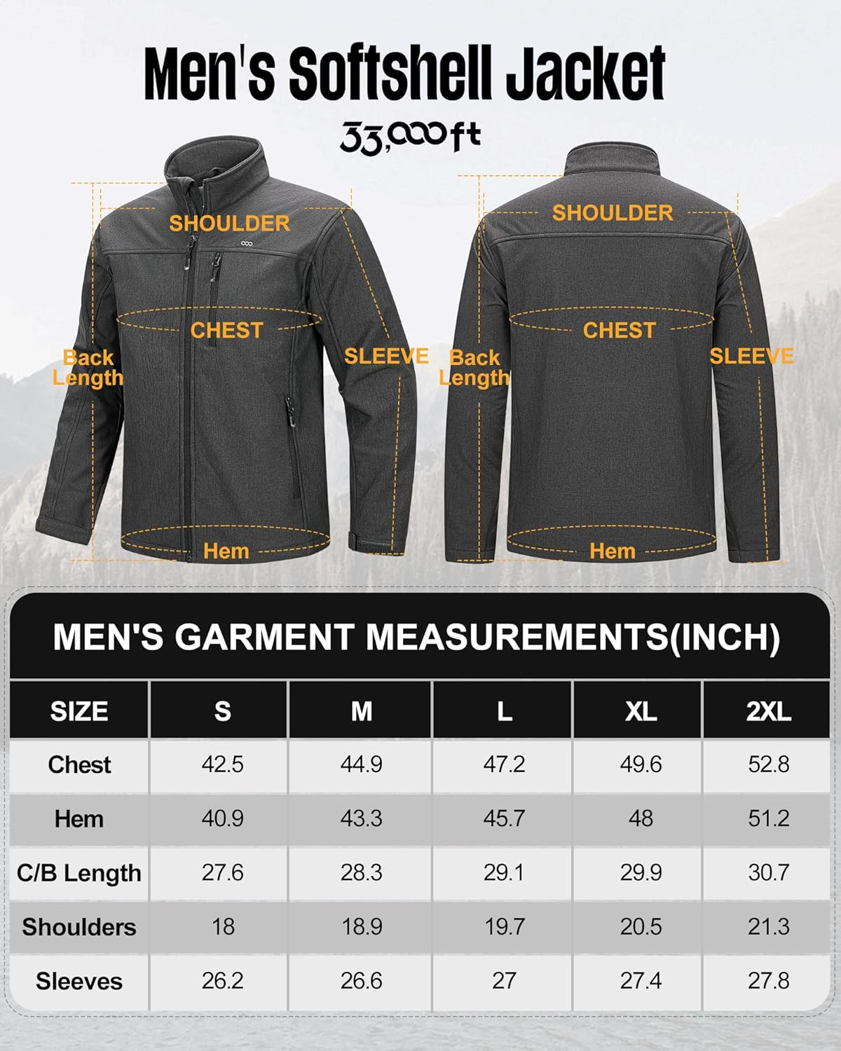 33,000Ft Mens Waterproof Jackets Fleece Lining Softshell Jackets Mens Outdoor Windproof Work Hiking Jackets for Men with Zip Pocket image number 1
