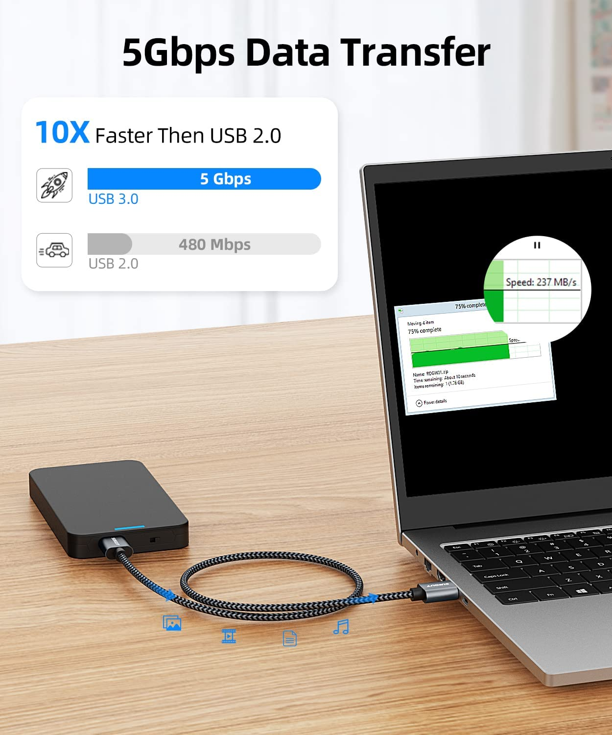 SUNGUY Short USB 3.0 Cable 0.3M/1FT, USB a Male to a Male Transfer Rates up to 5Gbps Type a to Type a Cable Compatible with Printers, Modems, Hard Drives, Cameras HDD, Dvd,Laptop Etc (Gray) image number 1