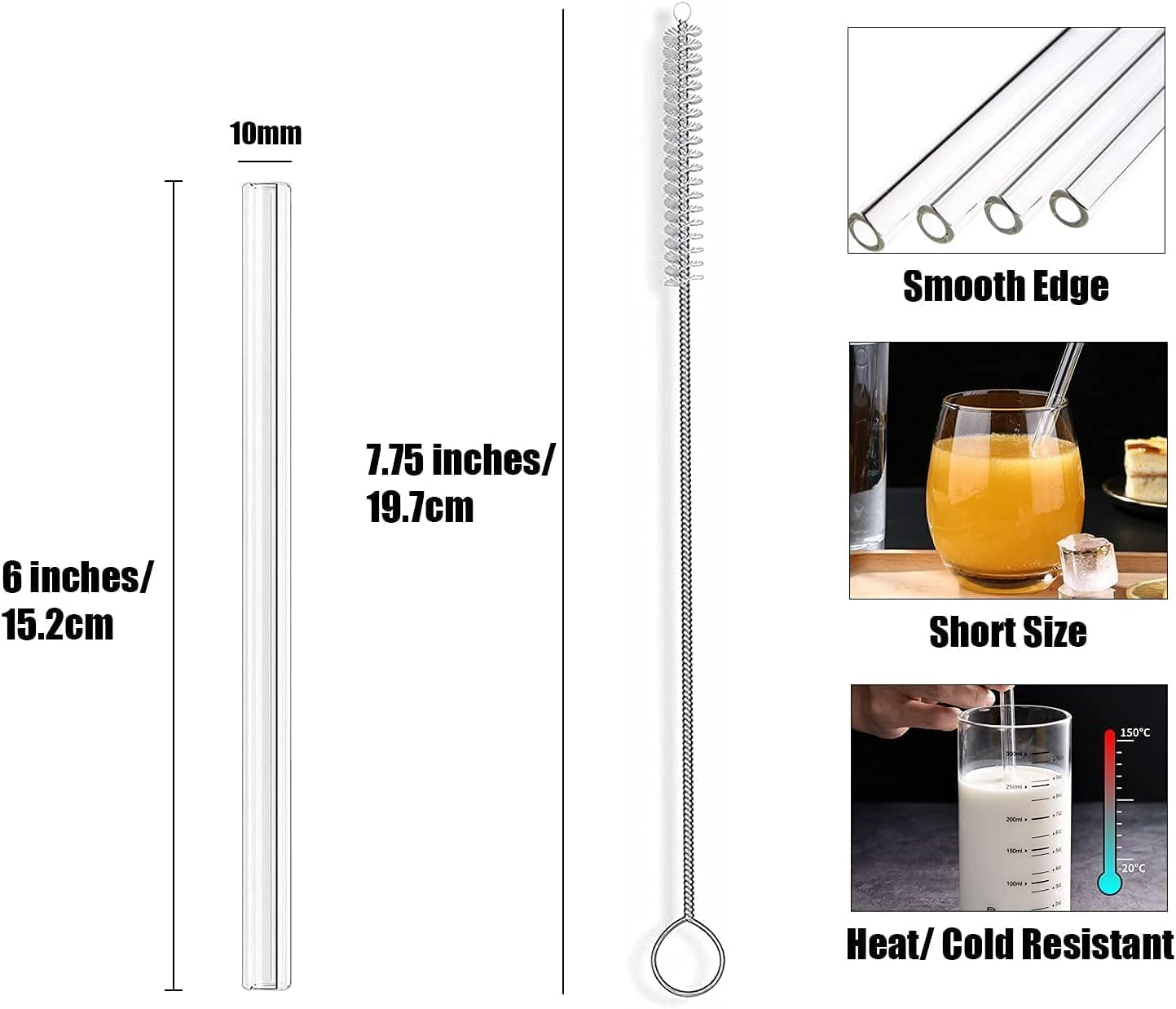 Alink Short Glass Straws, 6 in X 10 Mm Clear Straws for Cocktails, Whiskey, Coffee, Pack of 8 with Cleaning Brush image number 4