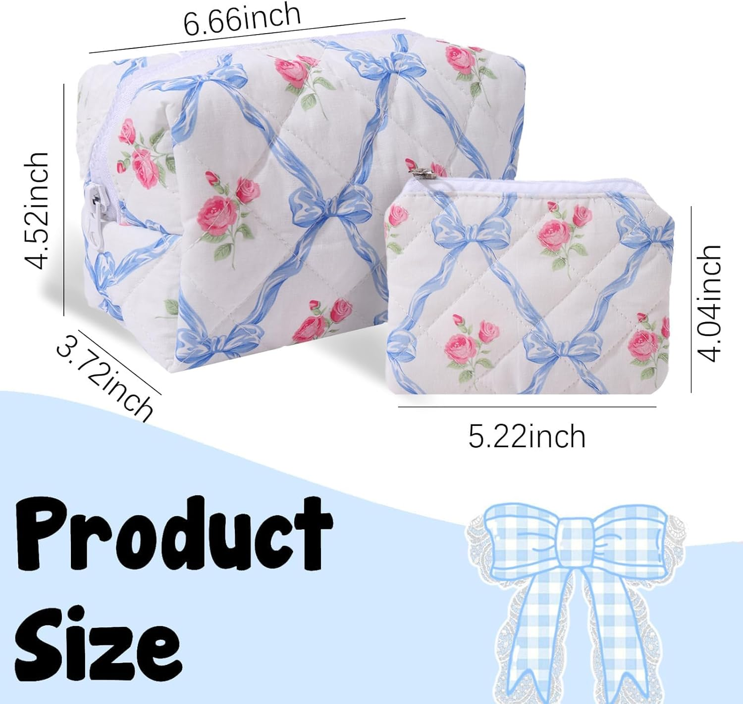 LYDZTION 2PCS Cute Quilted Makeup Bag for Women, Floral Makeup Bag Cosmetic Bag Pouch Coquette Bow Small Makeup Bags Aesthetic Stuff Travel Essentials for Women, Blue - Blue image number 6