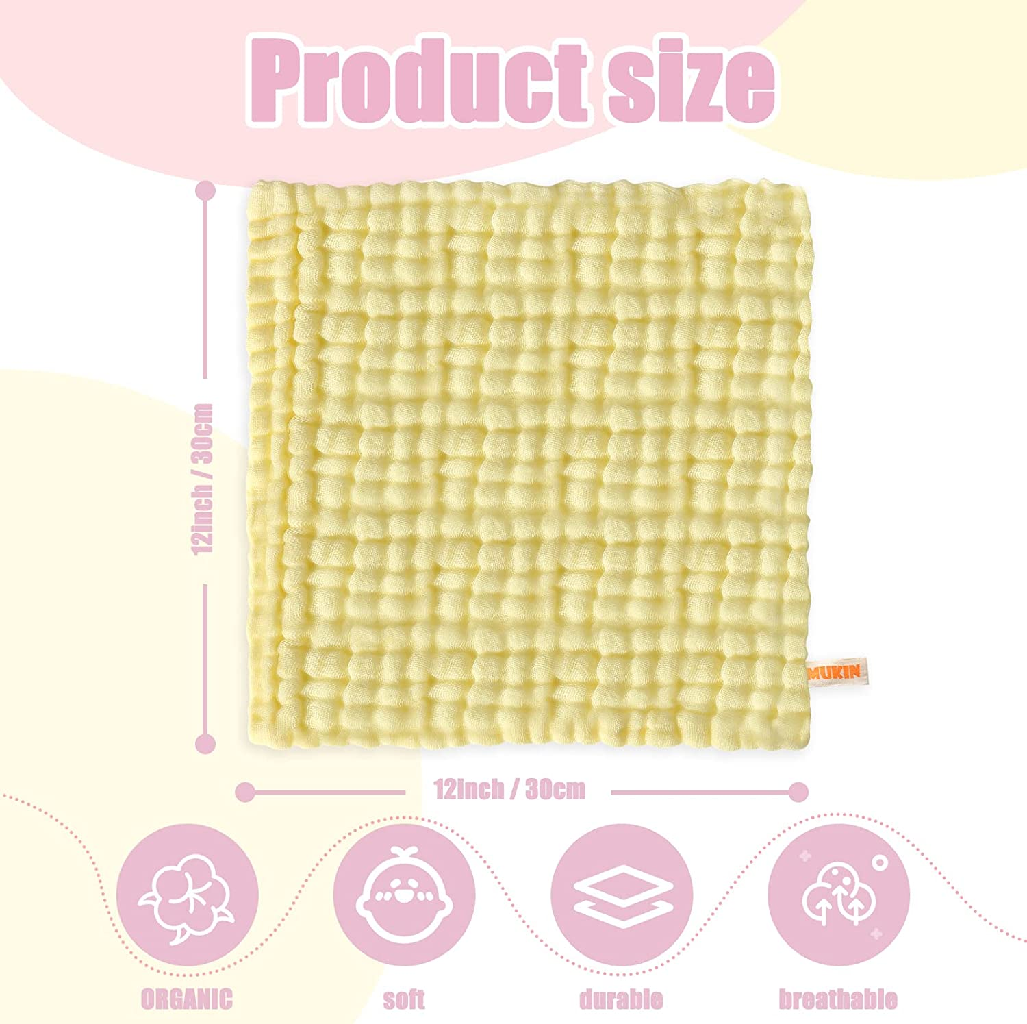 MUKIN Baby Washcloths - Natural Cotton Baby Wipes - Soft Newborn Baby Face Towel for Sensitive Skin- Baby Registry as Shower, 10 Pack 12X12 Inches (Pink,Yellow,White) - Pink,Yellow,White image number 3