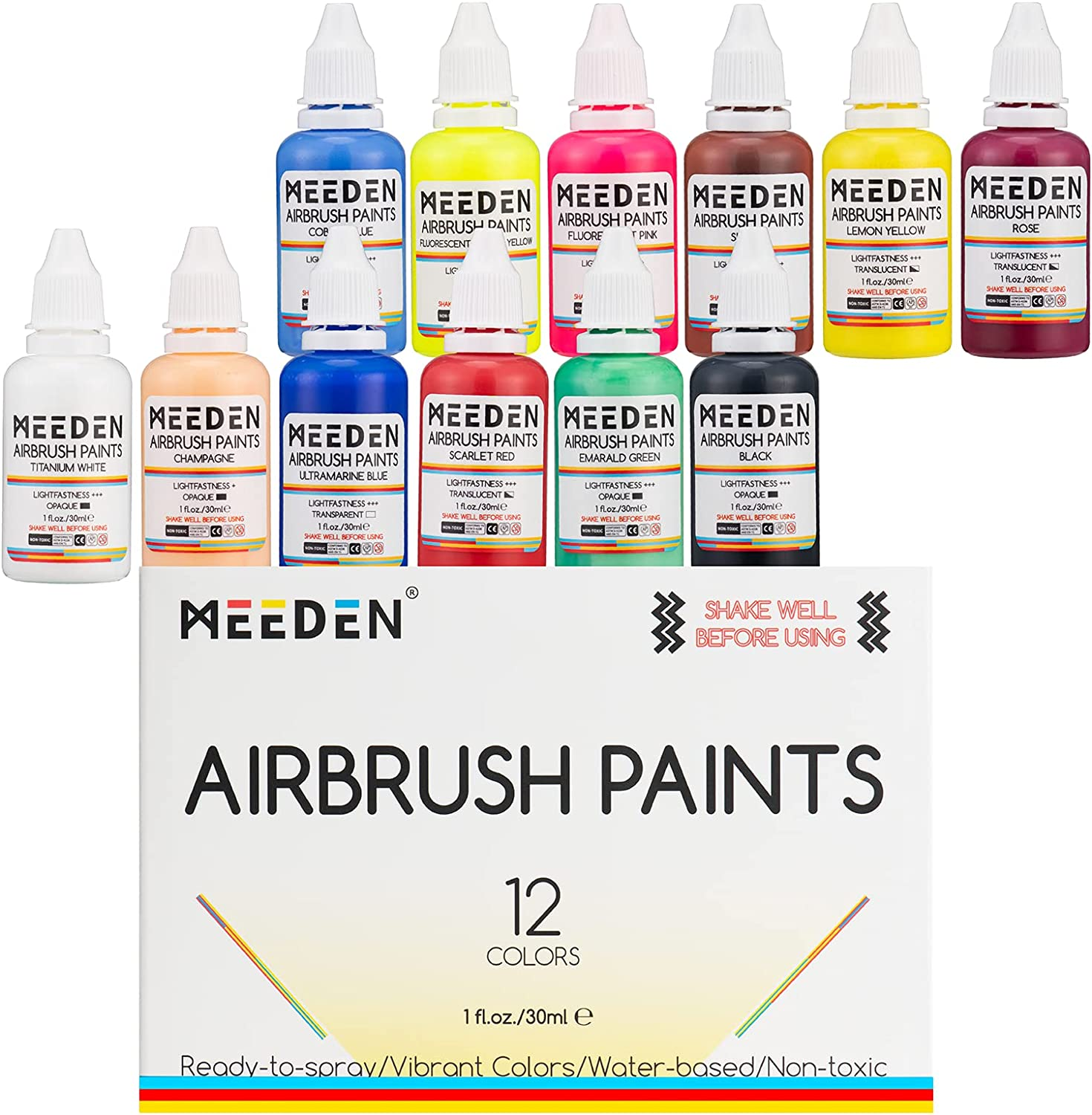 MEEDEN Acrylic Airbrush Paint for Model: Air Brush Spray Paint Set Including Fluorescent and Metallic Colors - 60 Colours X 30Ml