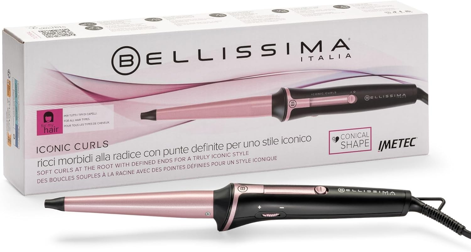 Bellissima Iconic Curling Iron, Ceramic Coating, Conical Shape for Soft Curls and Defined Tips, Temperature 150&deg;C/210&deg;C, Diameter 13/25 Mm, Thermal Glove