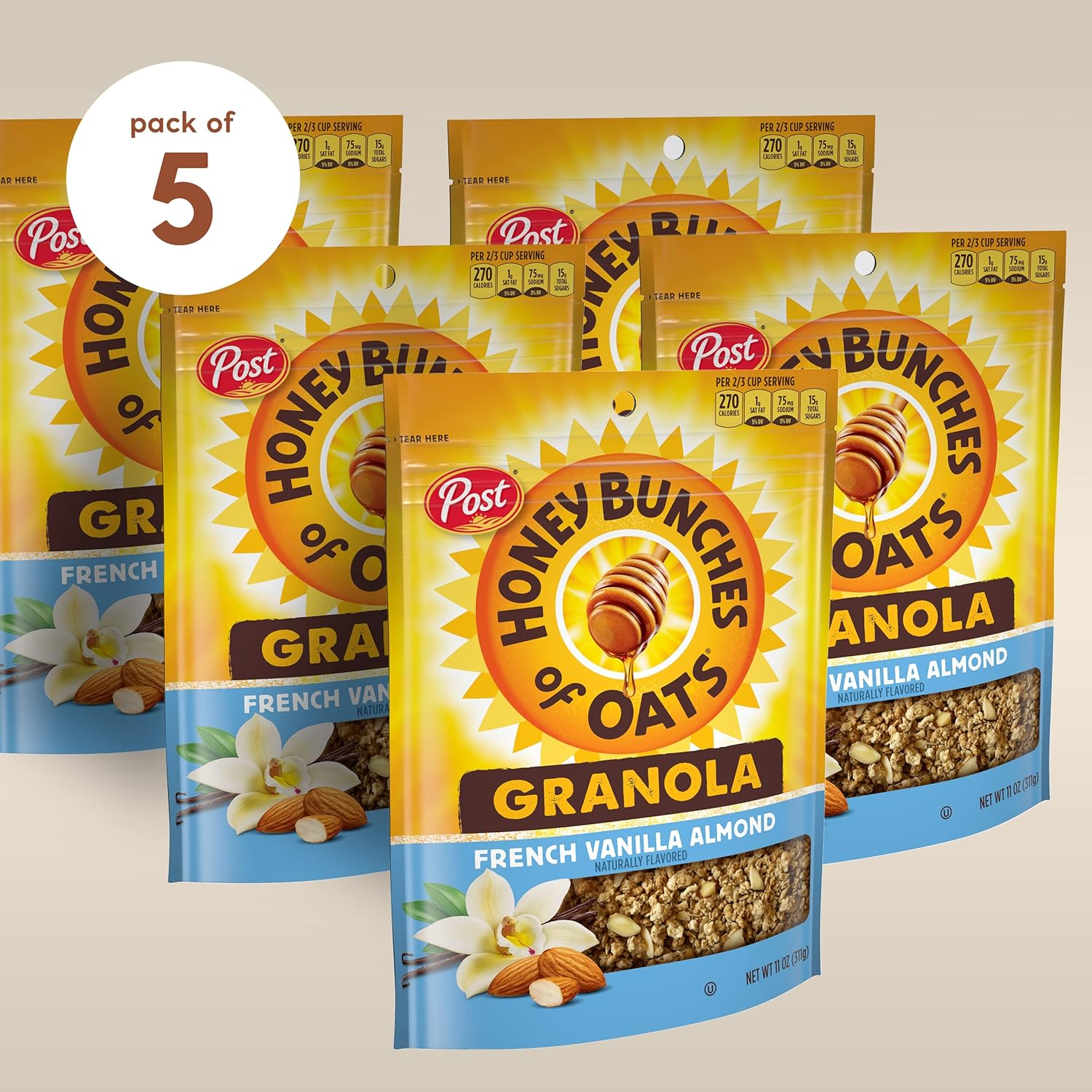 Post Honey Bunches of Oats Honey Roasted Granola, French Vanilla Almond, 11 Ounce, 6 Count image number 2