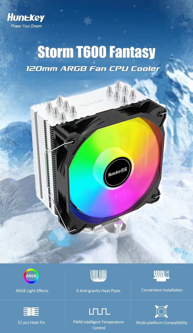 Huntkey Storm T600F CPU Cooler with ARGB Lighting, 6 Copper Heat Pipes CPU Air Cooler with Dual-Fan, Easy Install Each 120Mm 1800RPM PWM 78CFM for Intel LGA1700/1200/1151/1150/1155 AMD AM5/AM4 image number 3