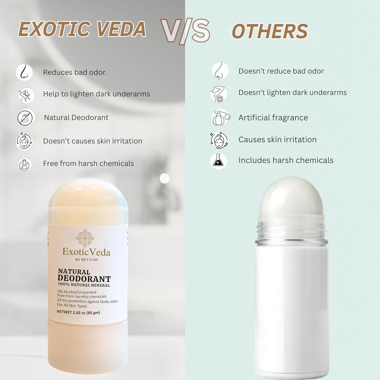 100% Natural Alum Roll on Deodorant, Unscented, Alcohol-Free, Chemical-Free, 24-Hour Odor Protection, for All Skin Types, 2.82 Oz (80G) (Natural) image number 2