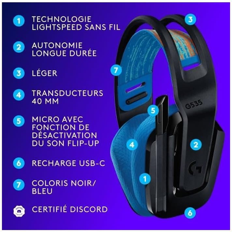Logitech G G535 Lightspeed Wireless Gaming Headset - Lightweight Over-Ear Headset, Micro Flip-Up Sound Disable Function, 33 Hours of Battery Life, PS5, PS4, PC, USB-C Rechargeable - Black/Blue