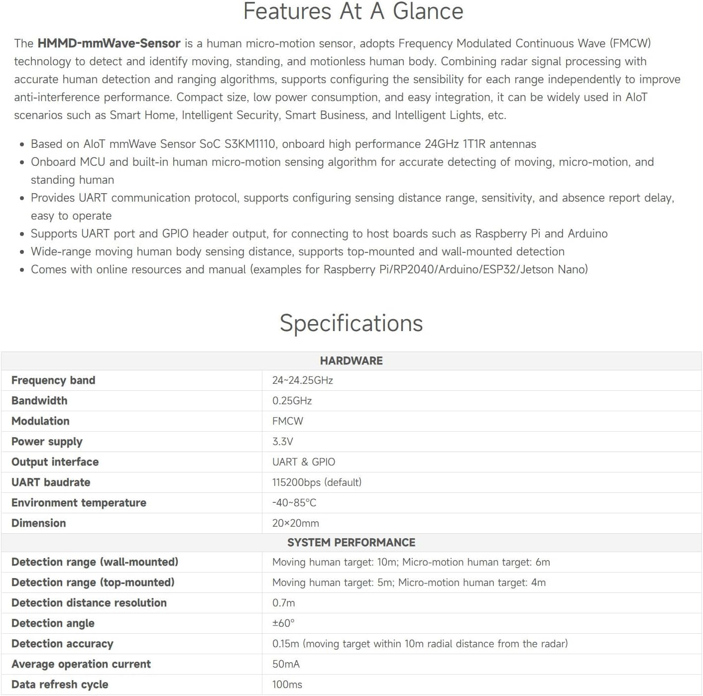 Waveshare Human Micro-Motion Detection Mmwave Sensor, 24Ghz Mmwave Radar, Based on S3KM1110, Adopts Frequency Modulated Continuous Wave (FMCW) Technology, Compact Size and Easy Integration image number 2