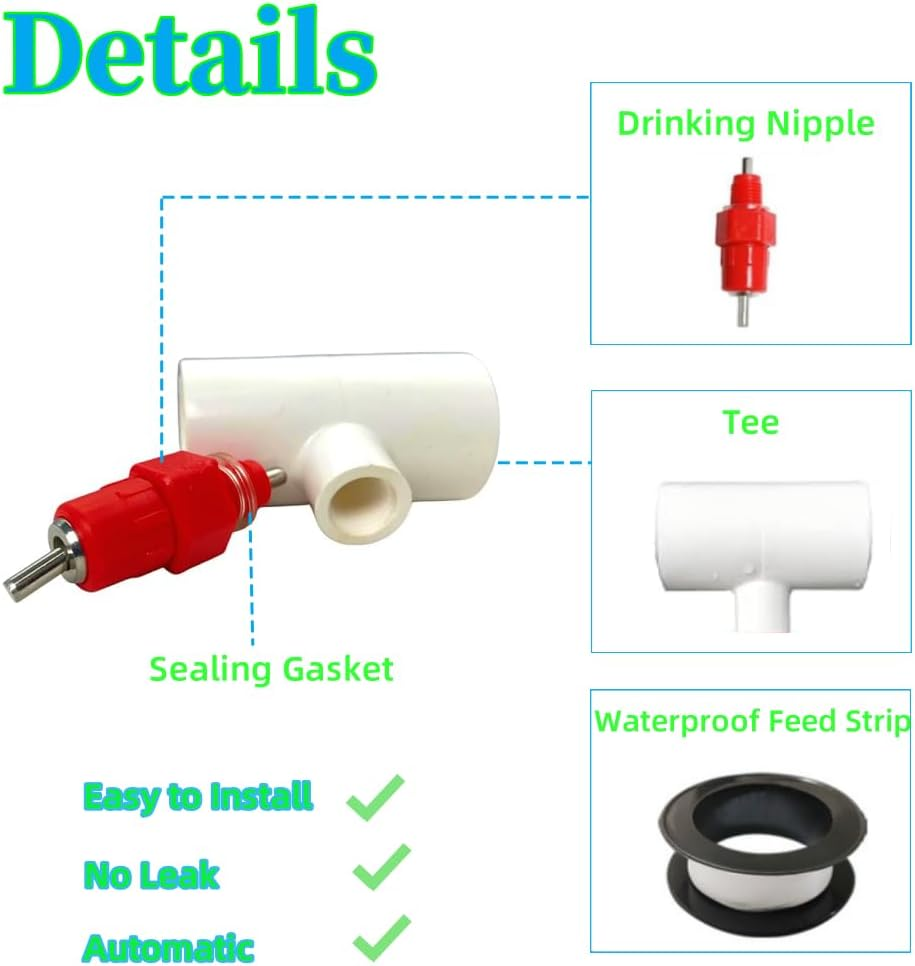 10 Pack Chicken Waterer Nipples & PVC Tee Fittings for 1/2" PVC Piping,Horizontal Poultry Nipples & Tees,Diy Chicken Watering System, Automatic Poulrty Drinking for Chicken,Geese,Rabbits,Ducks,Quail image number 4