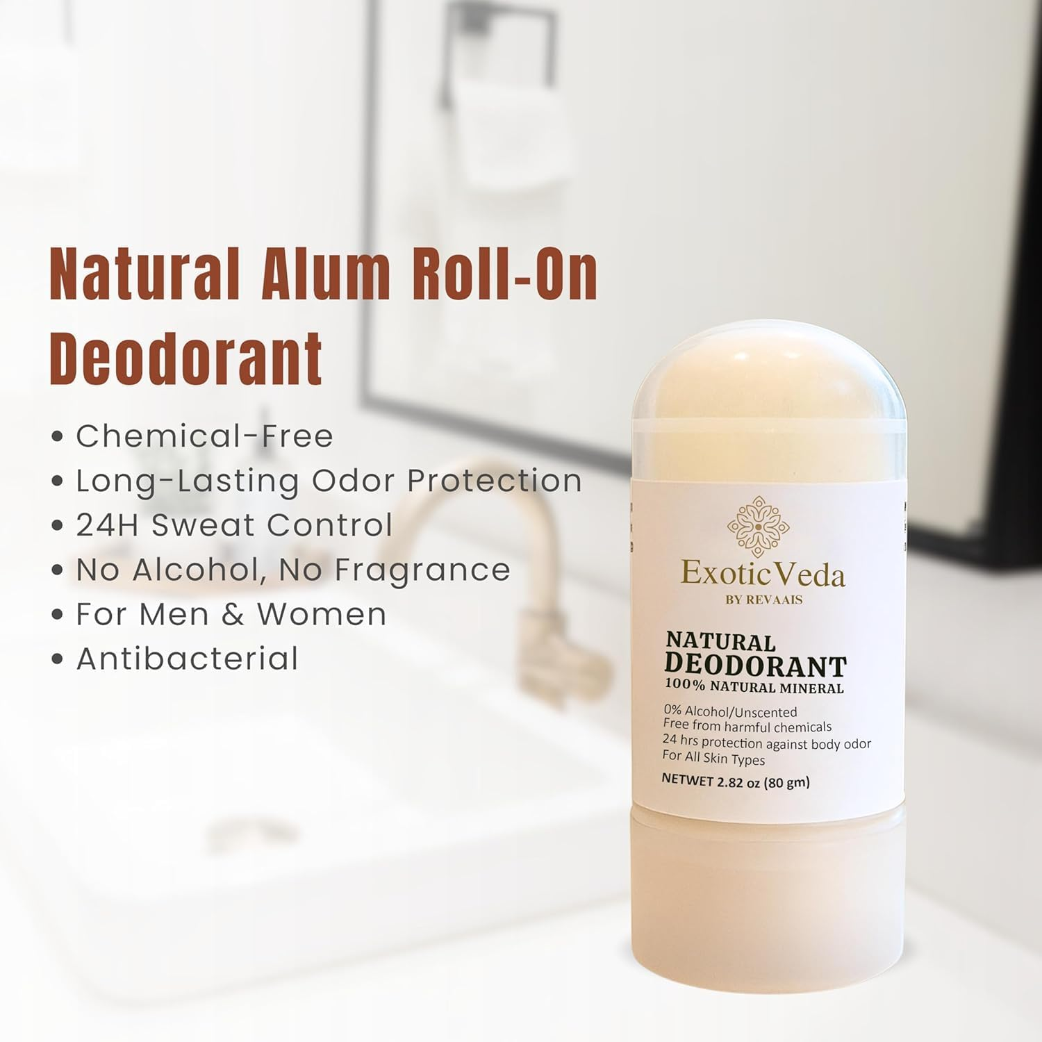 100% Natural Alum Roll on Deodorant, Unscented, Alcohol-Free, Chemical-Free, 24-Hour Odor Protection, for All Skin Types, 2.82 Oz (80G) (Natural) image number 4