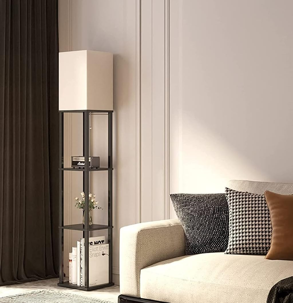WAMBORY Floor Lamp with Shelves,Modern Square Standing Lamp with 3 Color Temperature Bulb, Corner Display Shelf Floor Lamp with White Linen Shade for Living Room, Bedroom, Office image number 2