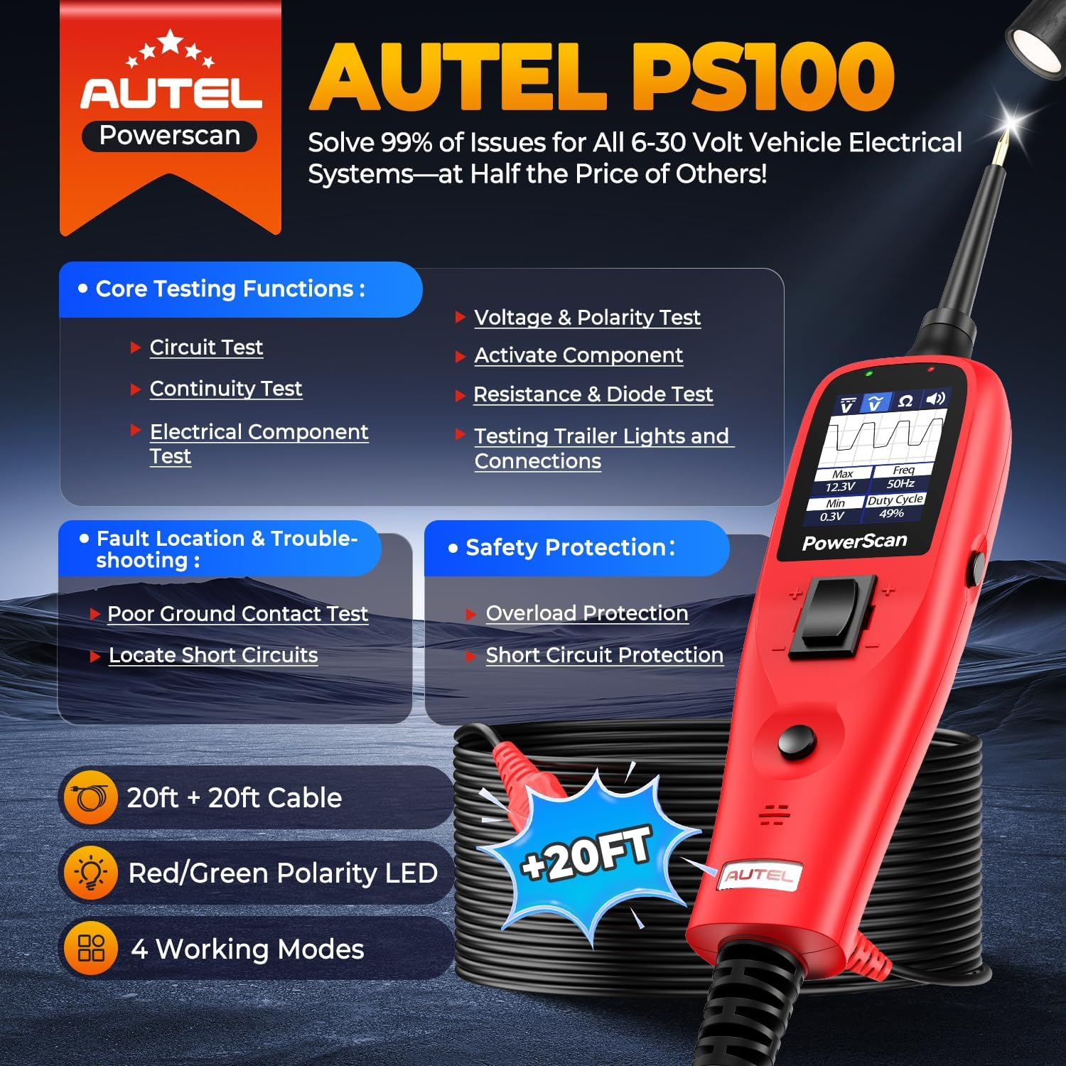 Autel Powerscan PS100 Automotive Circuit Tester, Power Circuit Probe Tool, 12-24V Electrical Short Open Breaker Circuit Finder, Digital Multimeter/Relay & Diode Resistance Tool Kit W/ 20FT Long Cord image number 6