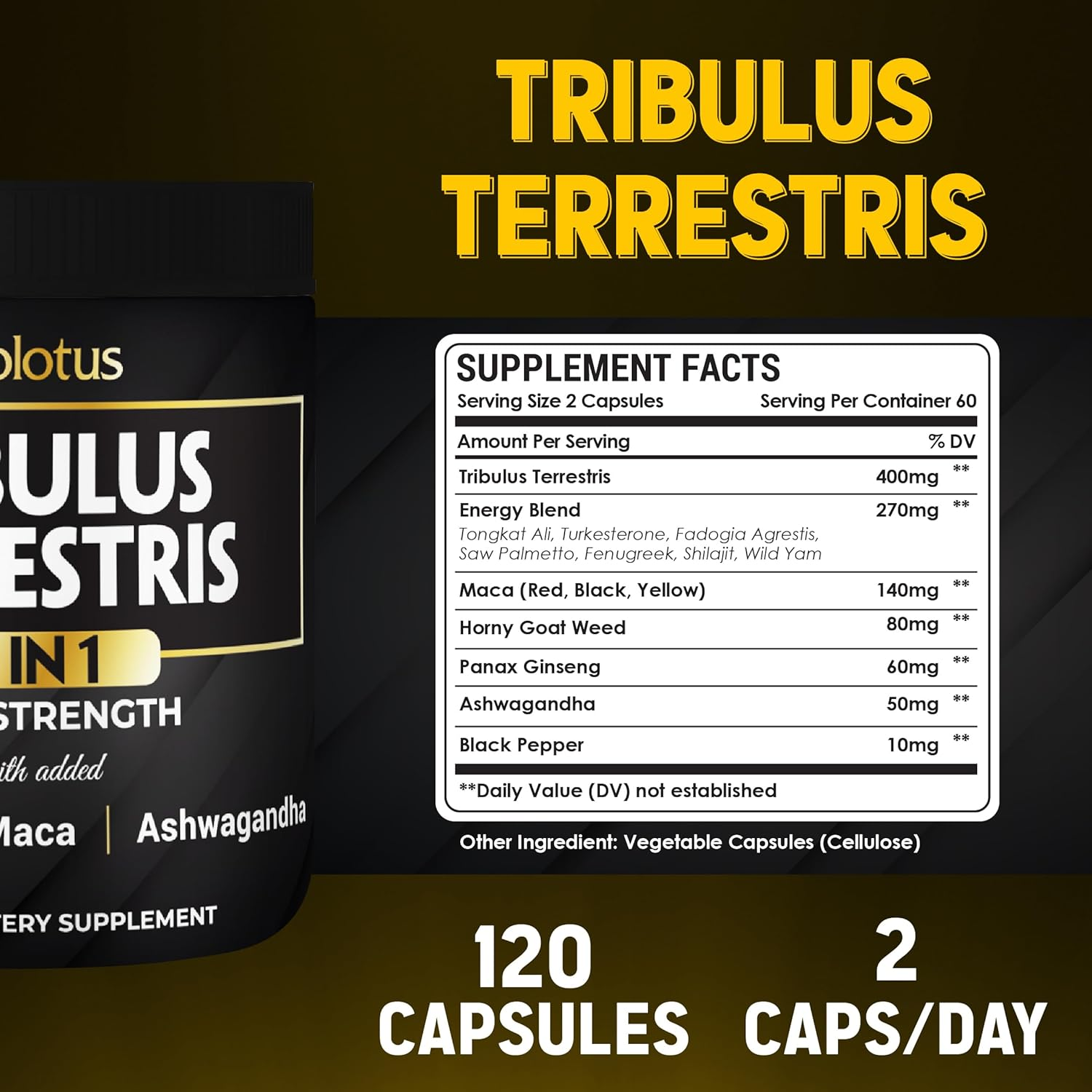 Zolotus 13In1 Tribulus Terrestris Capsules with Maca, Horny Goat Weed, Panax Ginseng, Saw Palmetto, Tongkat Ali, Shilajit & More - 120 Counts image number 5