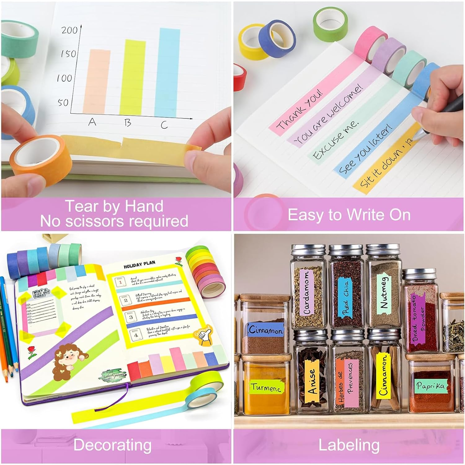 Colored Masking Tape,Rainbow Colors Painters Tape,Labeling Tape,12 Pack Colored Tape Writable Easy Tear Masking Tape Set for DIY Crafts,Artistic Writing,Spray Painting,Masking Decoration (15Mmx12M) image number 6