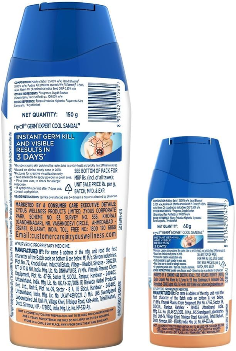 Nycil Germ Expert Prickly Heat Powder, 150Gm+50Gm Assorted Fragrances (Cool Sandal) with Bringa Cleanser Trial Pack image number 3