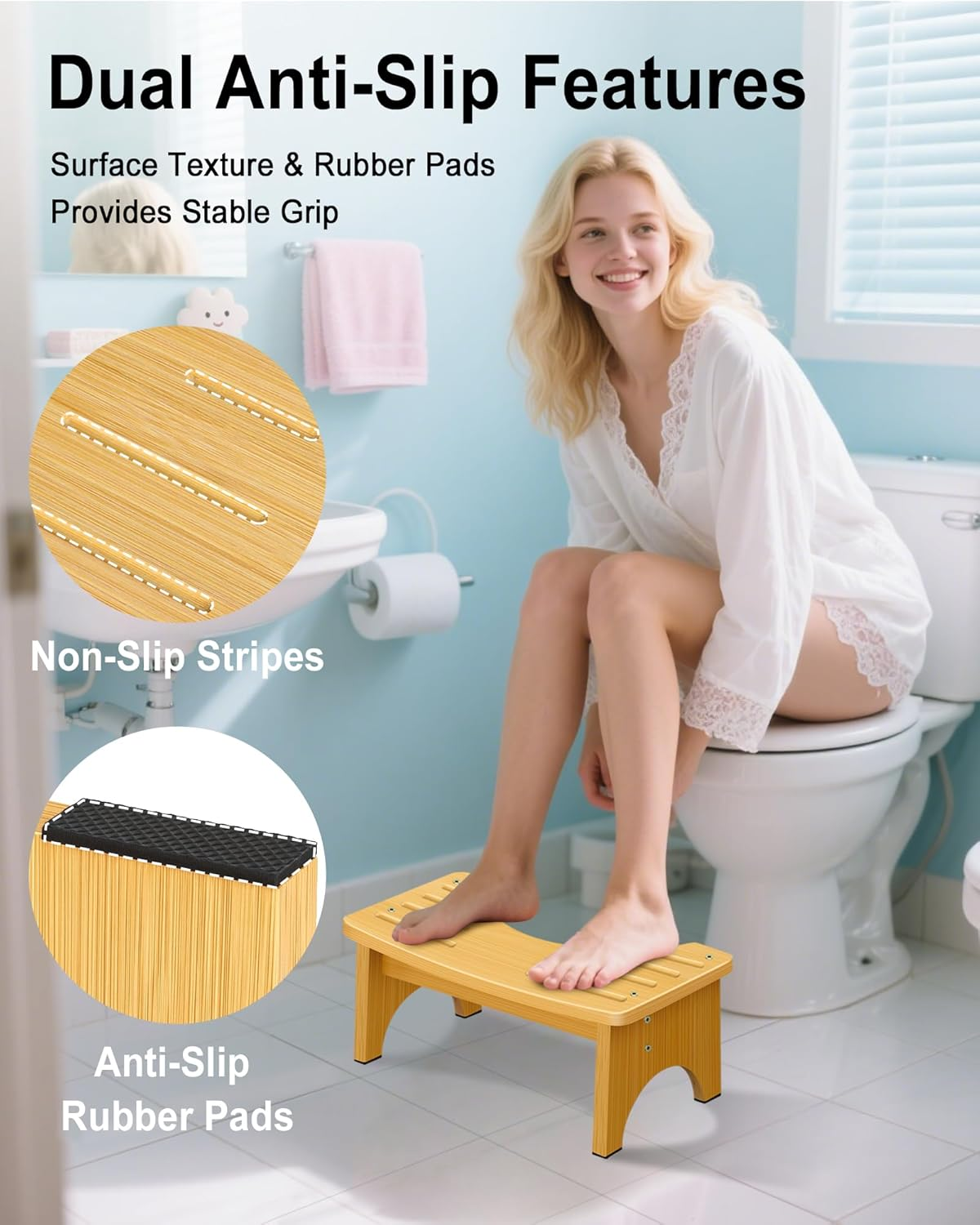 Bamboo Toilet Stool - 6.5 Inch Non-Slip Squat Stool for Adults and Kids, Portable Bathroom Foot Support, Easy to Use and Clean, Helps Improve Potty Posture and Comfort image number 6