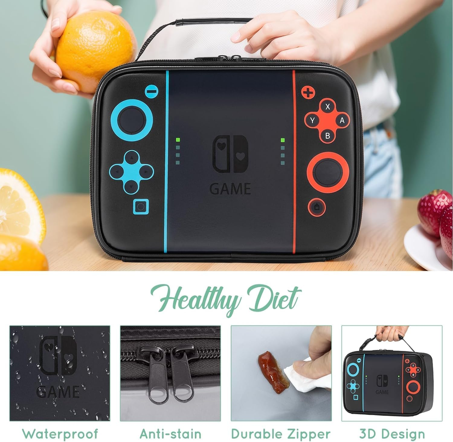 Kids Lunch Box,Boy Insulated Lunch Bag Game Lunch Box Leather Waterproof Thermal Cooler Bag School Daycare Lunch Boxes for Boys Girls Kids Toddlers Teen image number 2