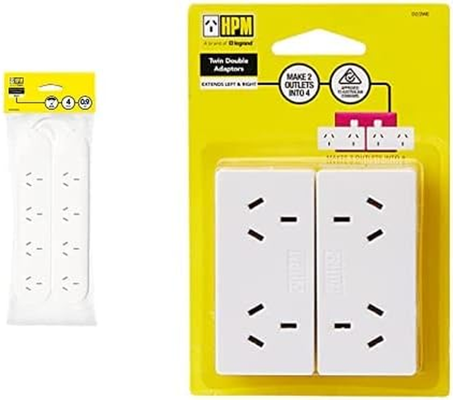 HPM Standard 4 Outlet Powerboard Pack of 2 + D2/2WE Left and Right Extend 10A 2400W Double Adaptor 2-Pieces, White