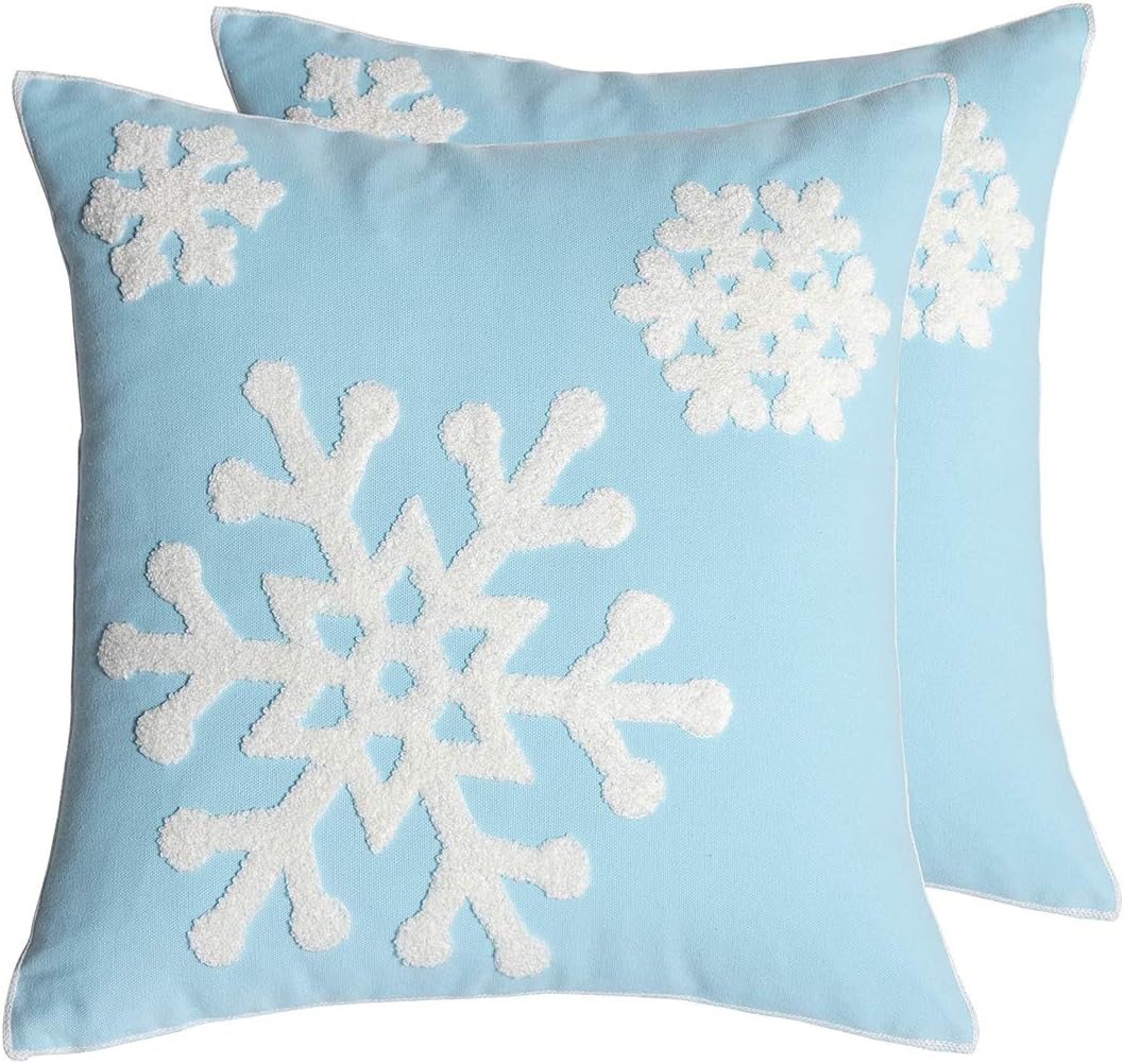 18X18,Cotton Christmas Blessing Throw Pillow Cover for Bed Sofa Cushion Car Snowflake Embroideried Pillowcases ,1Pair Blue