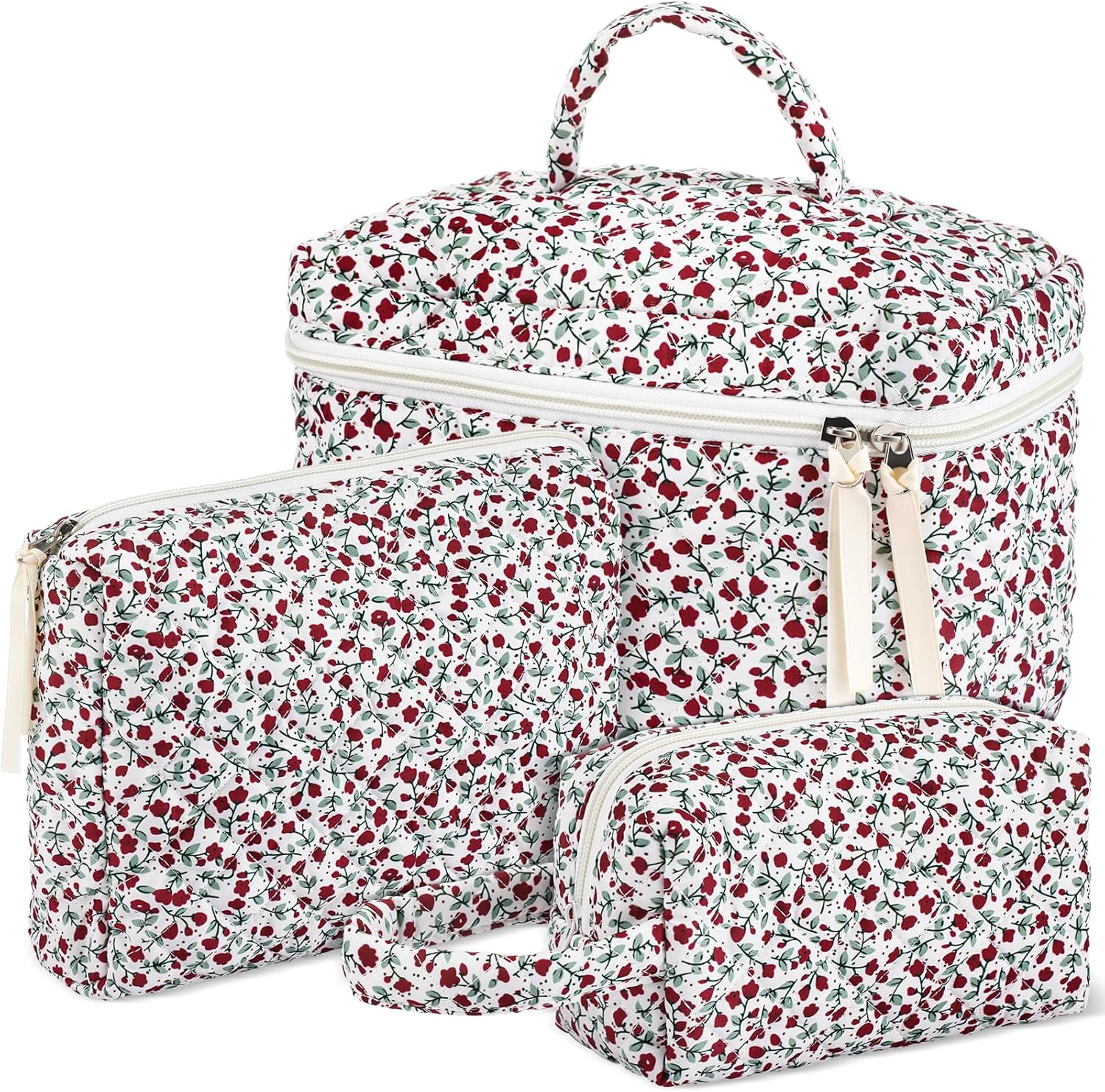 Paterr Makeup Bag Set 3 Pcs Large Quilted Cotton Make up Bags for Women Cosmetic Travel Toiletry Organizer Pouch Cute Aesthetic Storage Purse, Red, Red Floral image number 3