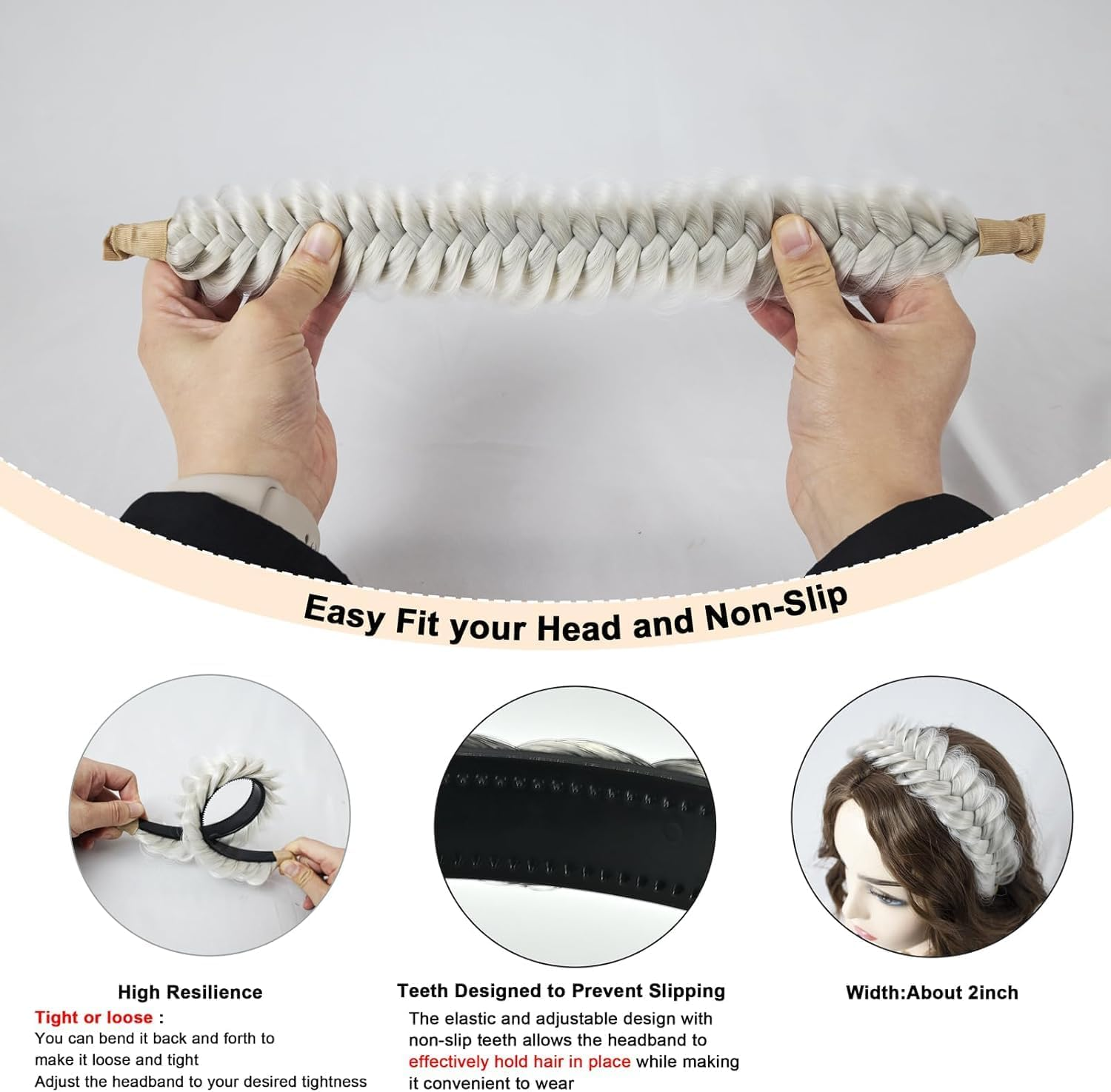 Wide Braided Headband Elastic Non-Slip Design, Handmade for Women and Girls, Versatile Fashion Hair Accessory, Compatible with Most Head Shapes (White Grey) - Haheihei image number 5