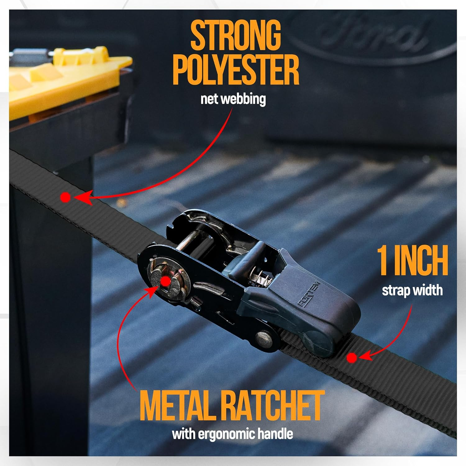 FORTEM Ratchet Straps, 2300Lb Break Strength, 4 15Ft Tie down Strap Set, 4 Soft Loops, Motorcycle Straps Tie Downs, Cargo Straps for Trucks, Rubber Handles, S-Clips, Coated Metal Hooks, (Black) image number 2