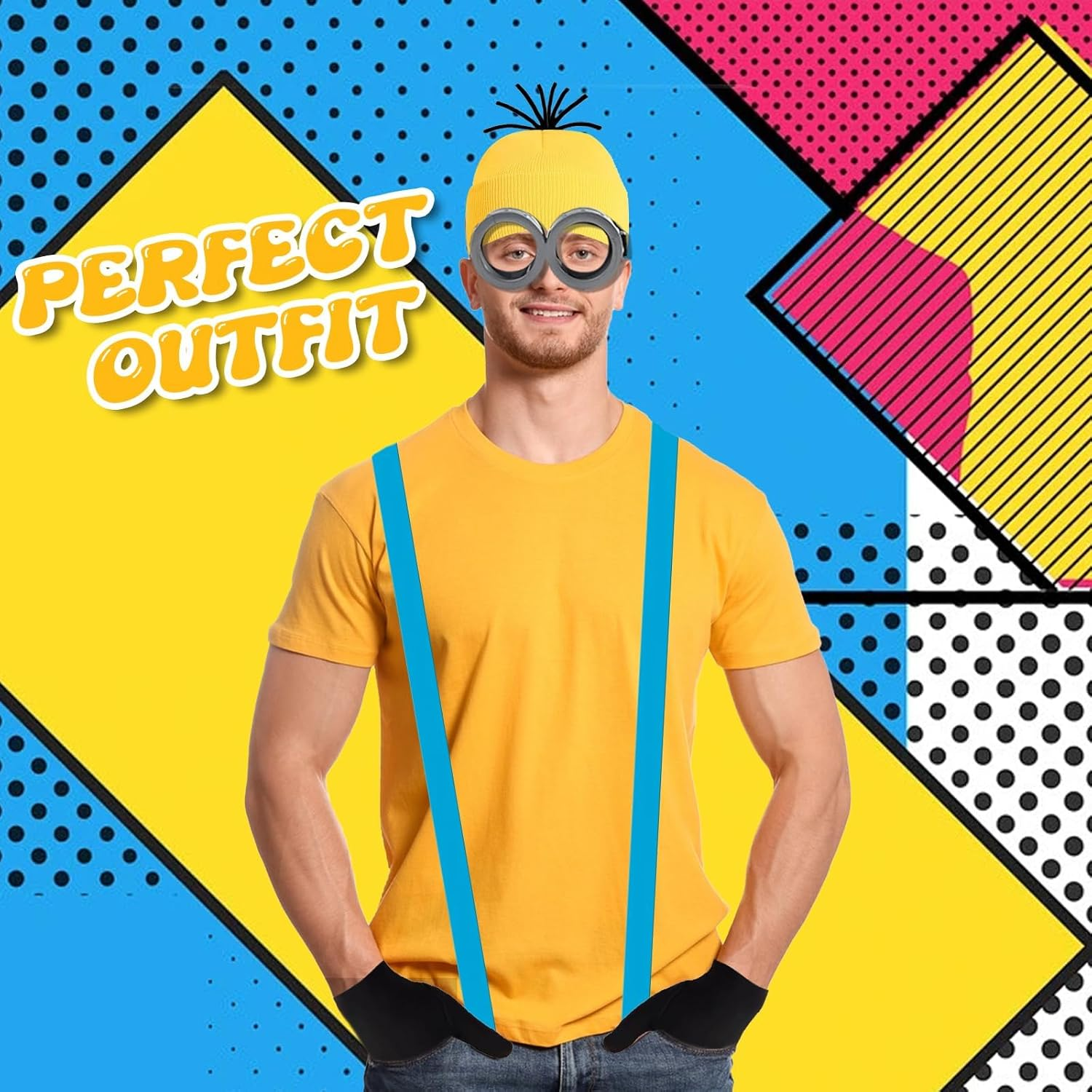 5PCS Yellow Costume Accessories, Fancy Dress Set with Eanie Knit Hats Goggles Gloves Blue Straps for Adult Halloween Cosplay Party World Book Day Dress up Outfits image number 5