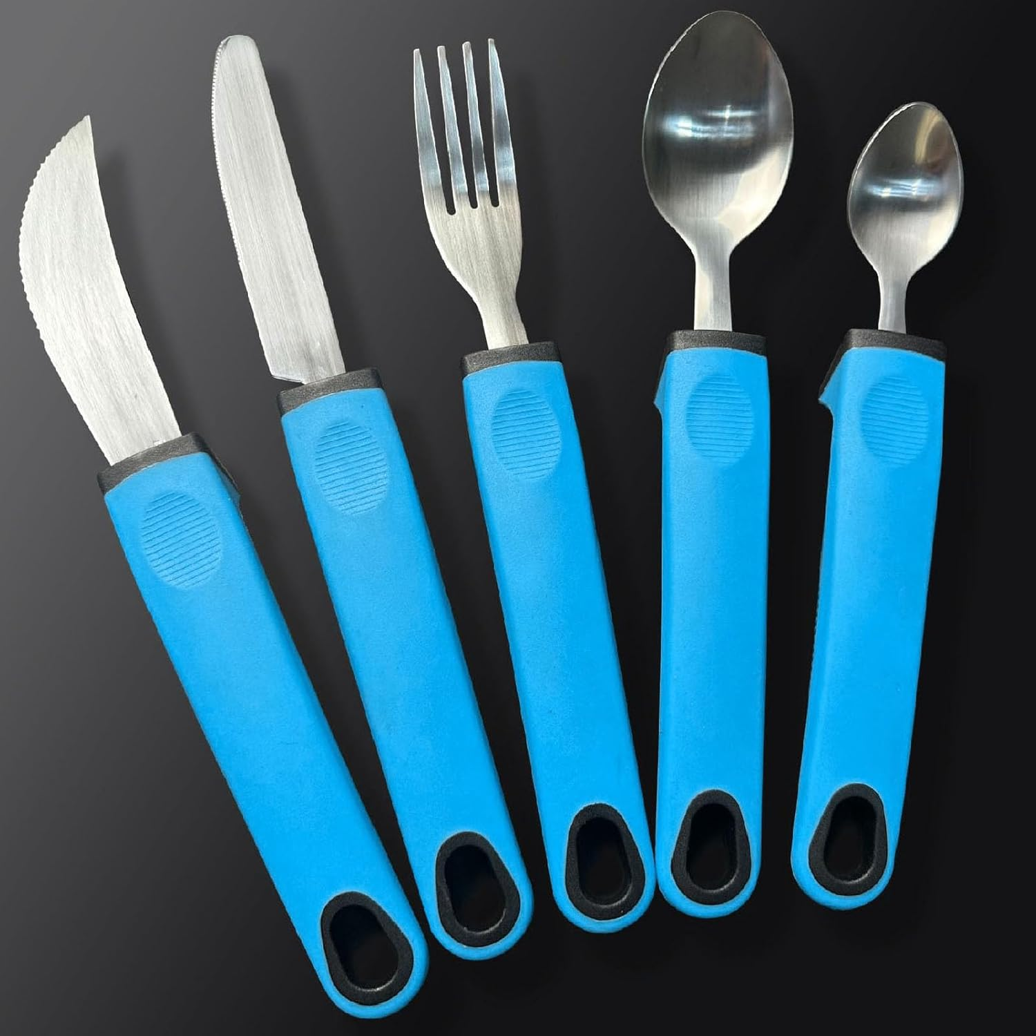 5Pcs Adaptive Cutlery Set, anti Shake Adaptive Utensils Set, Adaptive Flatware Set, with Nonslip Handle for Hand Tremors, Arthritis, Parkinson or Elderly Use (Blue) - Blue image number 4