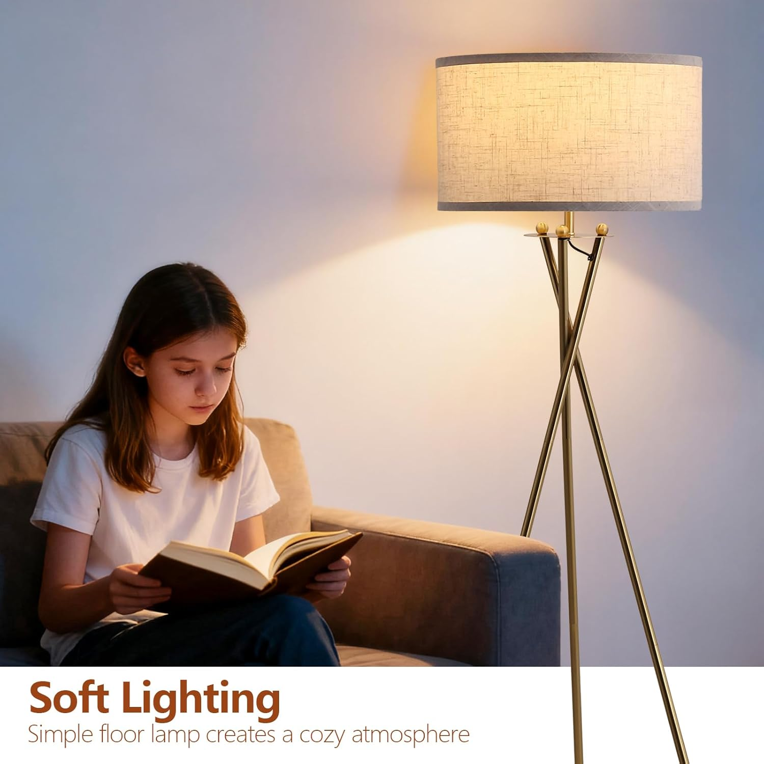 EOEYYOYB Tripod Floor Lamp with Linen Drum Shade, Modern Polished Brass Tall Floor Lamp, Reading Standing Light for Living Room Bedroom Office, Gold image number 5