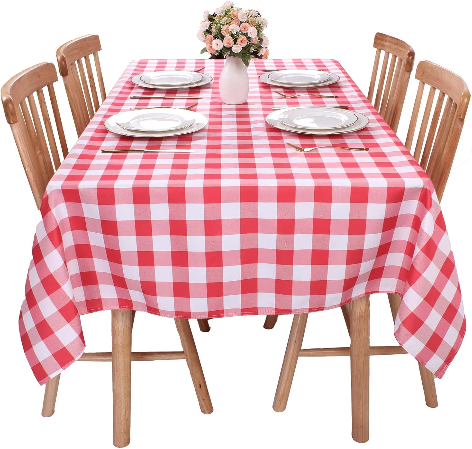 Kesfey Red Gingham Tablecloth Polyester 140X200Cm, Rectangle Checkered Tablecloth Spillproof and Wrinkle Resistant for Outdoor and Indoor Use, Plaid Table Cloth Wipe Clean image number 3