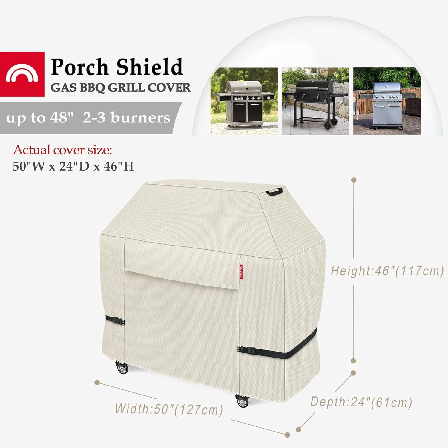 Porch Shield 50W X 24D X 46H Inch Premium Gas Grill Cover up to 48 Inch - Waterproof 600D BBQ Covers for Weber, Brinkmann, Char-Broil and More, Light Tan image number 3